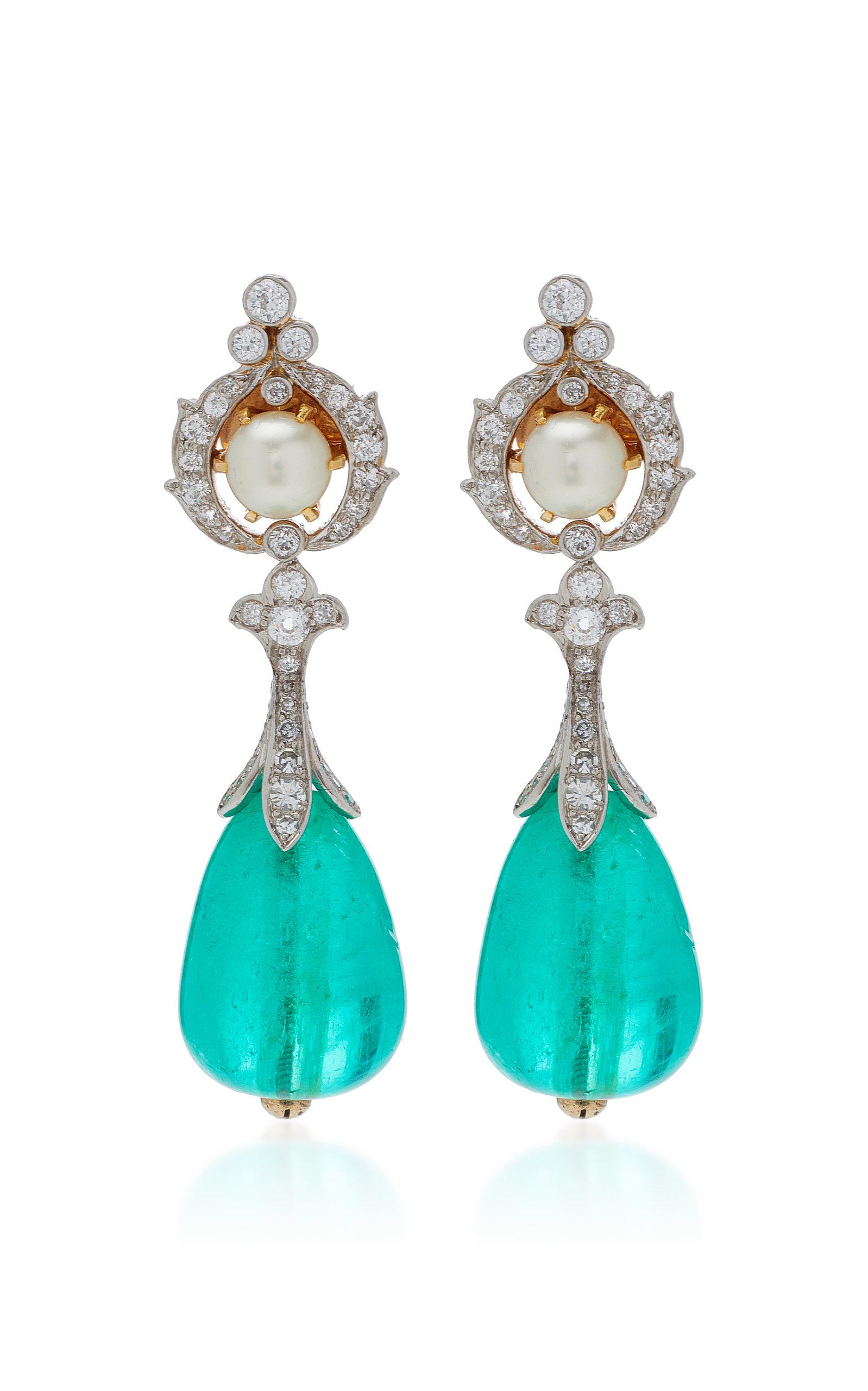 Antique Emerald Natural Pearl Diamonds Ear Pendants im Zustand „Hervorragend“ in New York, NY