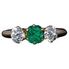 Antique Emerald Old Mine Cut Diamond Three Stone Gold Ring