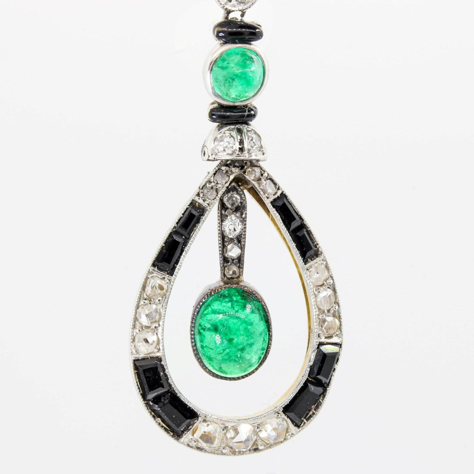 Art Deco Antique Emerald Onyx and Old Cut Diamonds Earrings