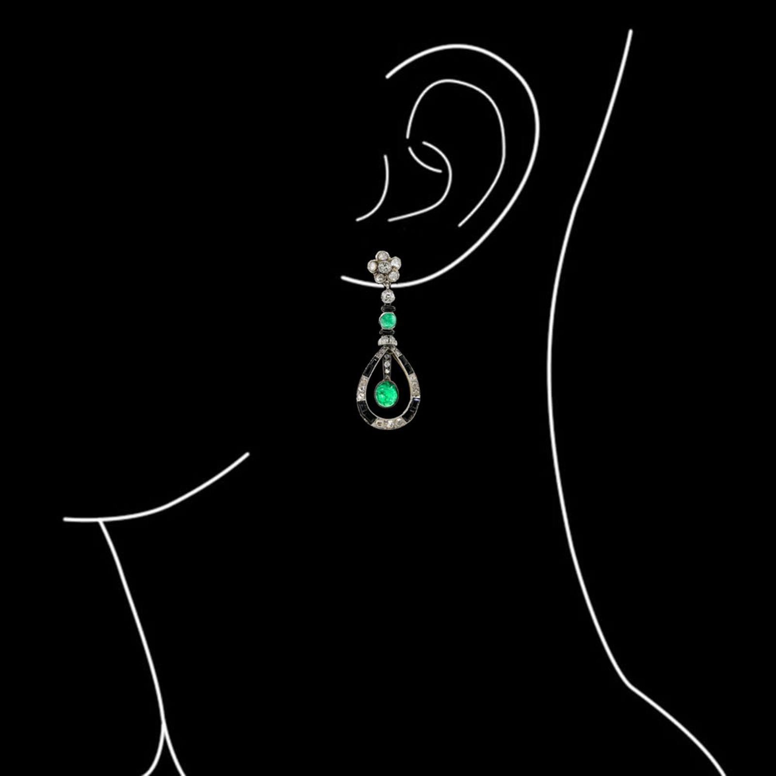 Rose Cut Antique Emerald Onyx and Old Cut Diamonds Earrings