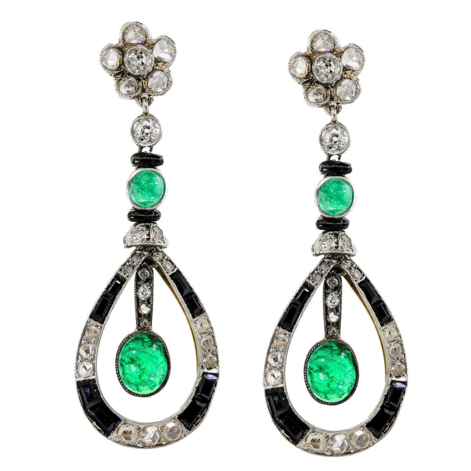 Antique Emerald Onyx and Old Cut Diamonds Earrings