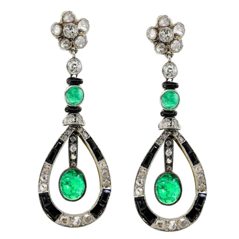 Antique Emerald Onyx and Old Cut Diamonds Earrings at 1stDibs