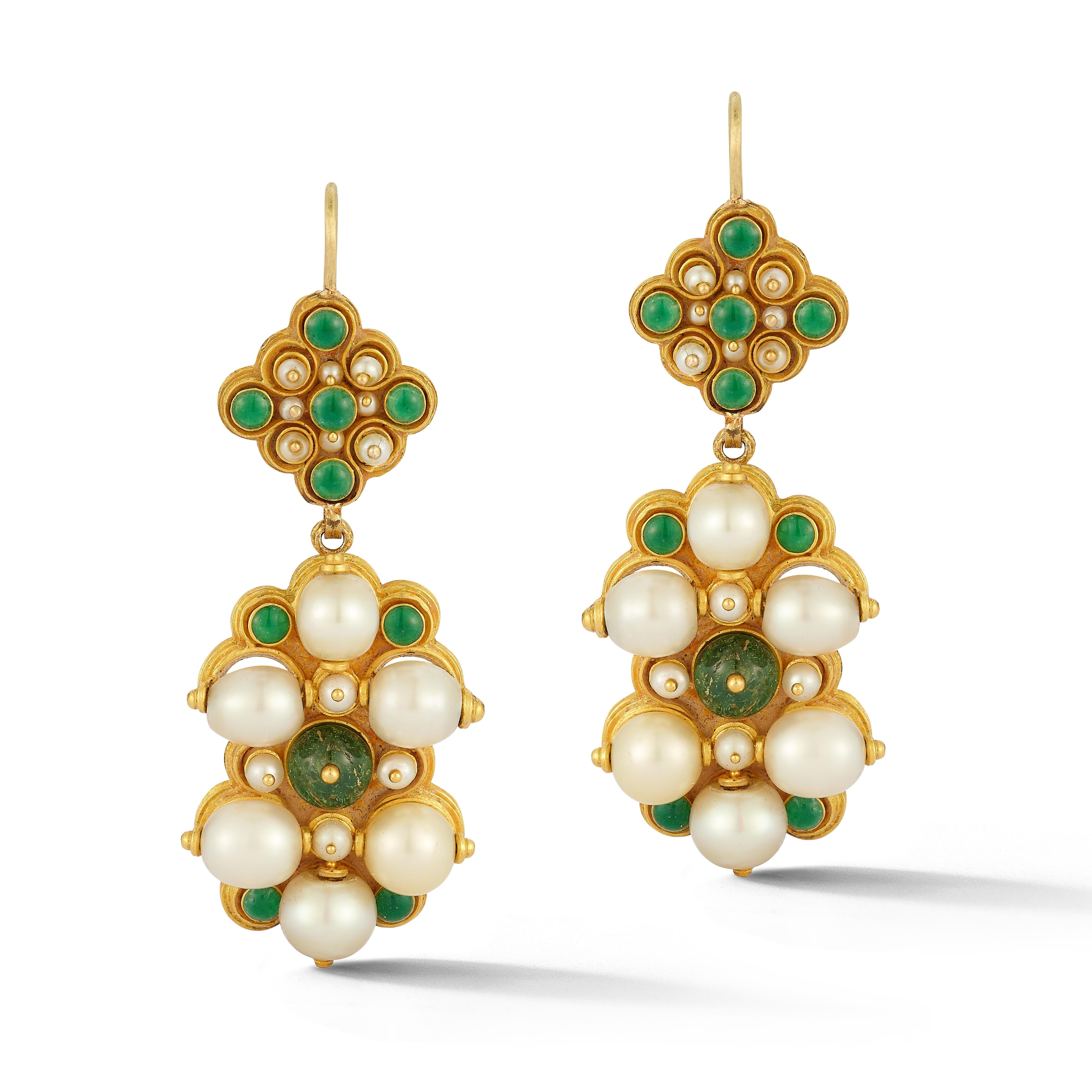Bead Antique Emerald Pearl and Enamel Brooch & Earrings Set For Sale