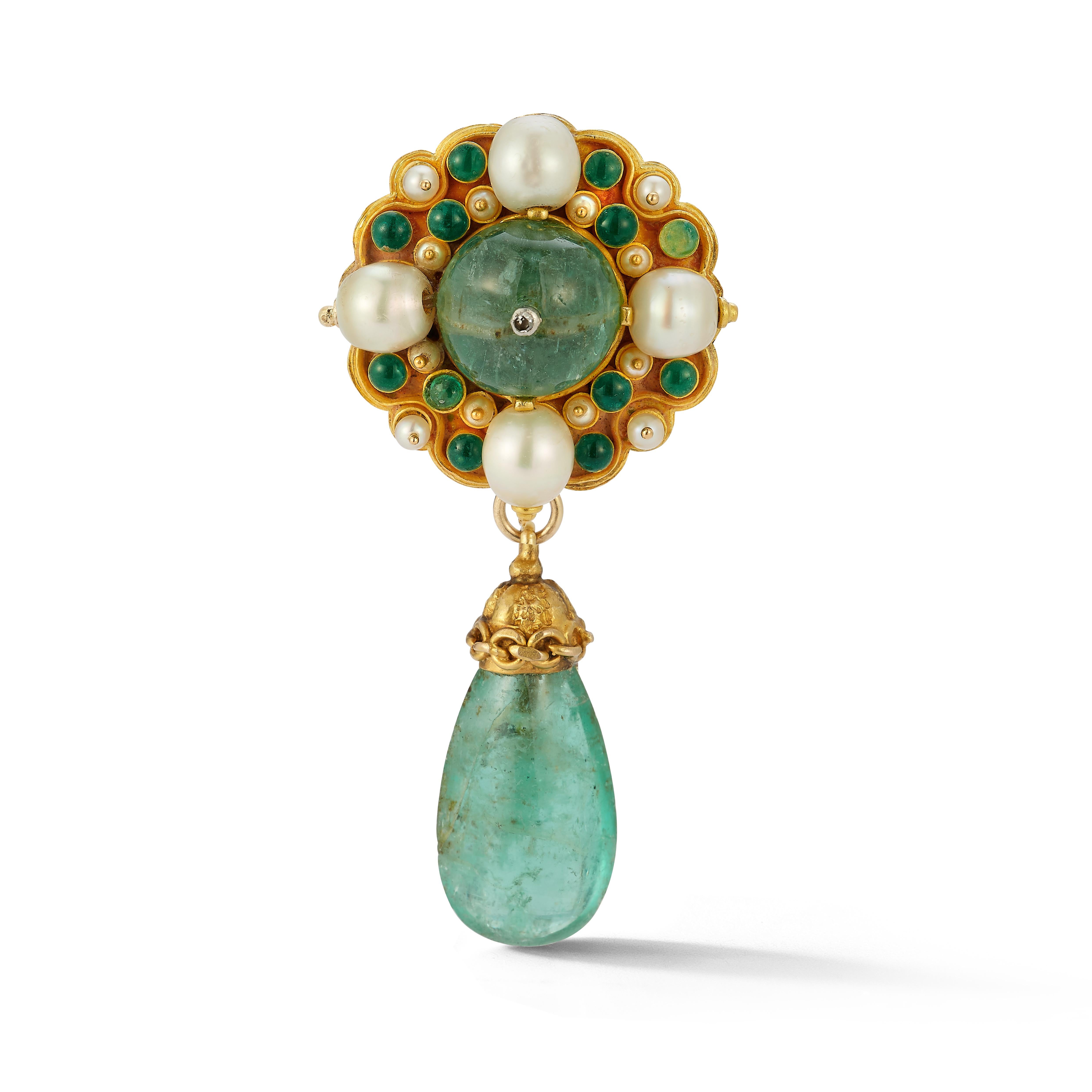Antike Smaragd-Perlen- und Emaille-Brosche und Ohrringe-Set im Angebot 2