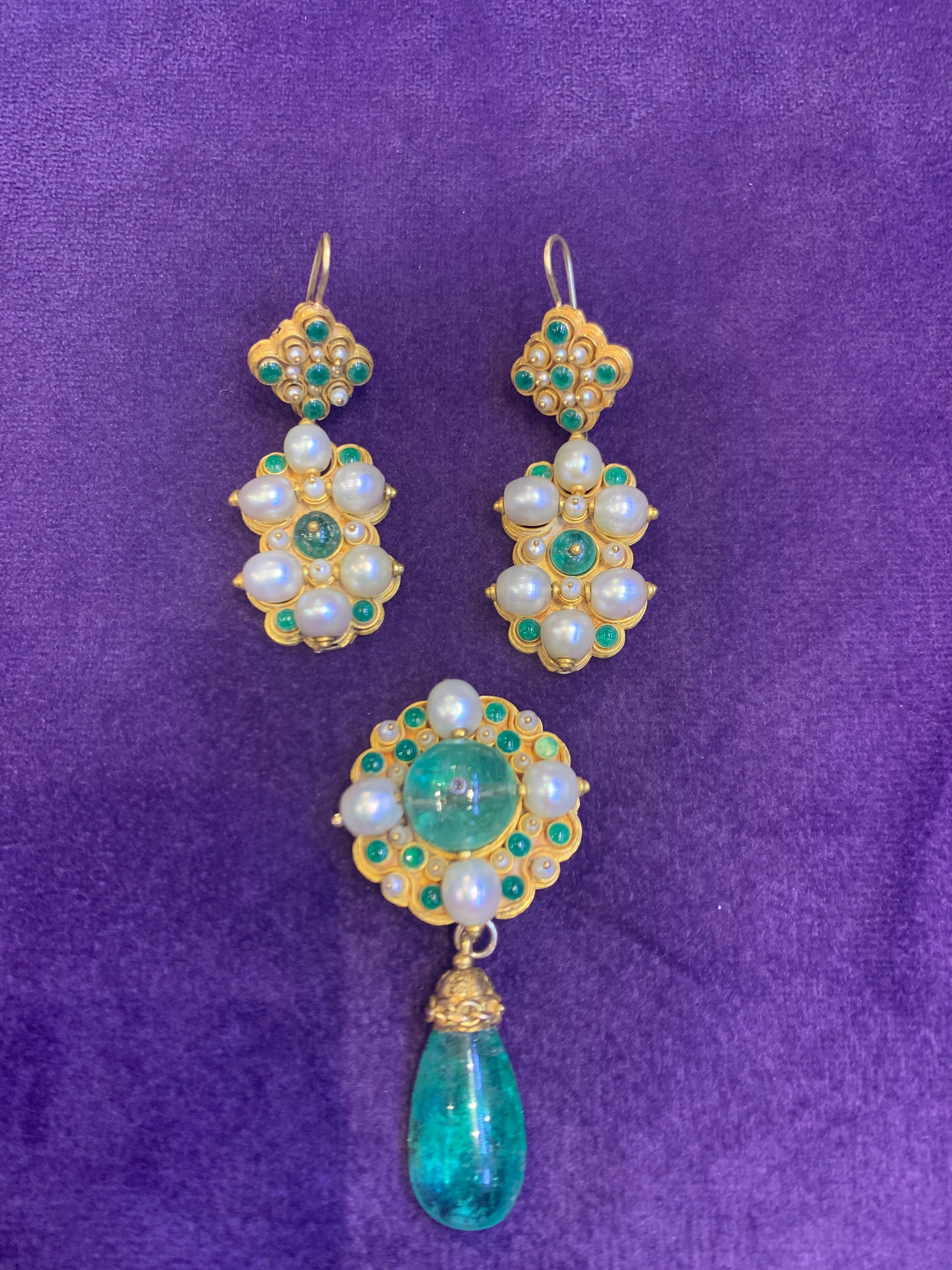 Women's Antique Emerald Pearl and Enamel Brooch & Earrings Set For Sale