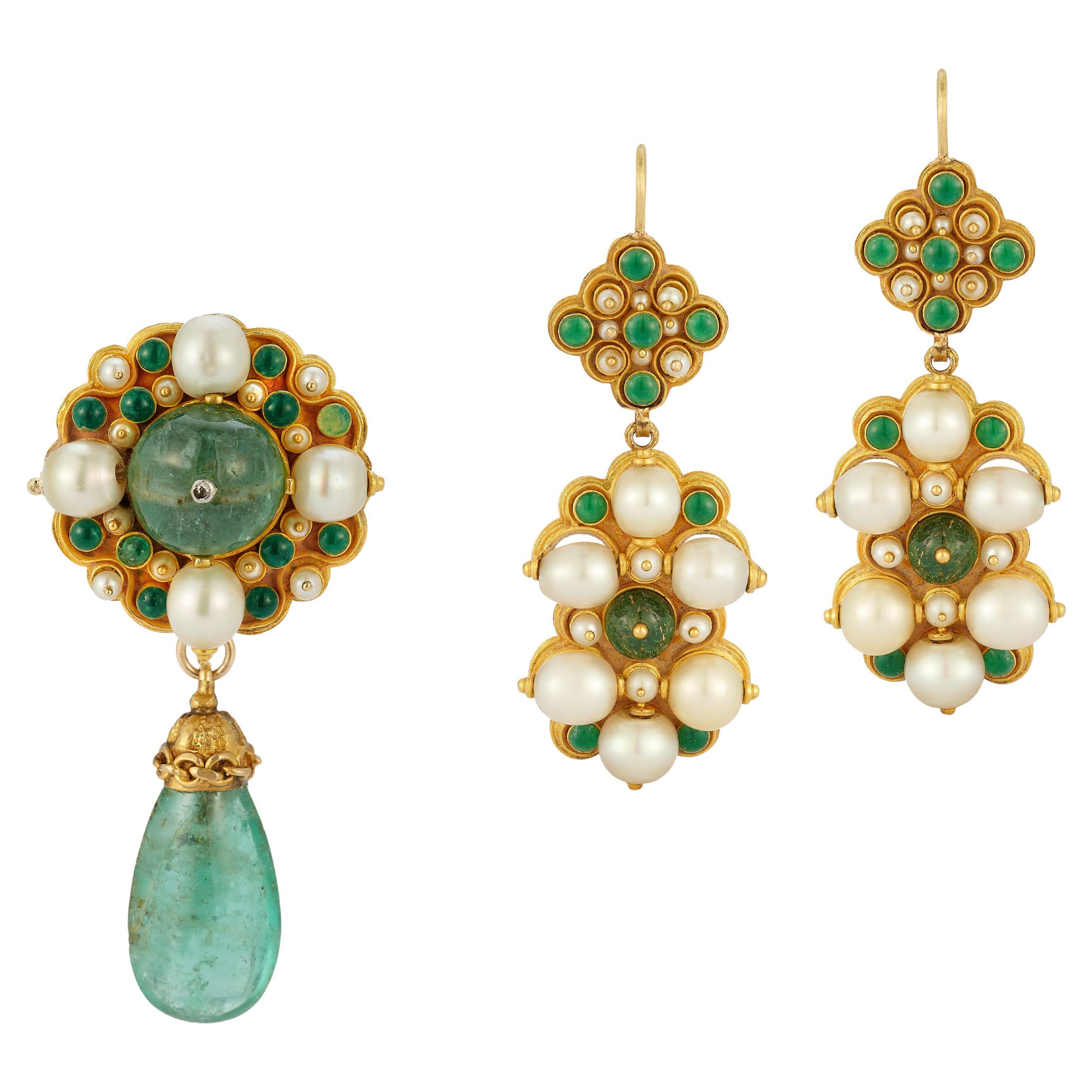 Antique Emerald Pearl and Enamel Brooch & Earrings Set For Sale