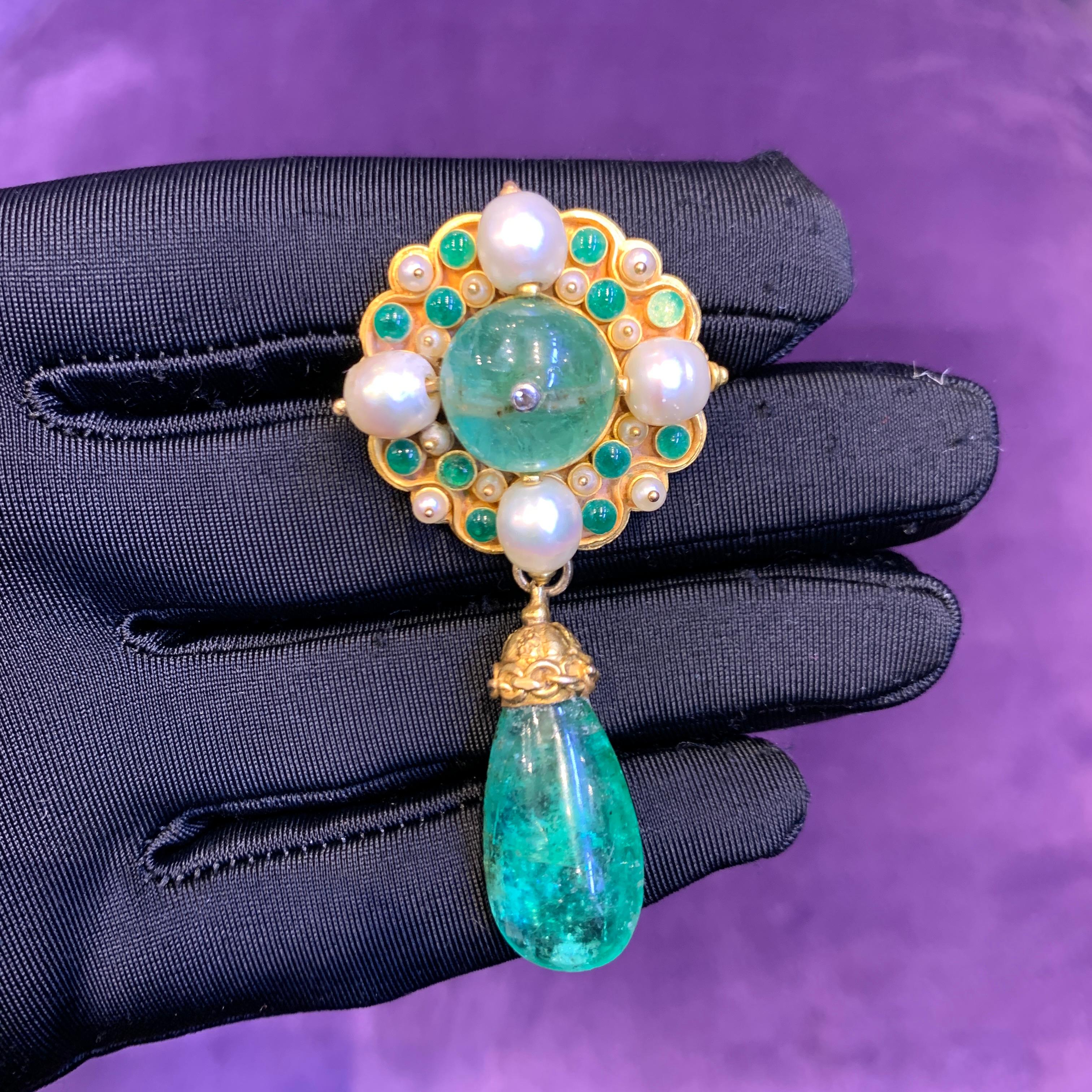 Antique Emerald Pearl and enamel Brooch 

Made Circa 1907. An antique enamel brooch consisting of pearls & emeralds 

Measurements: 2.5