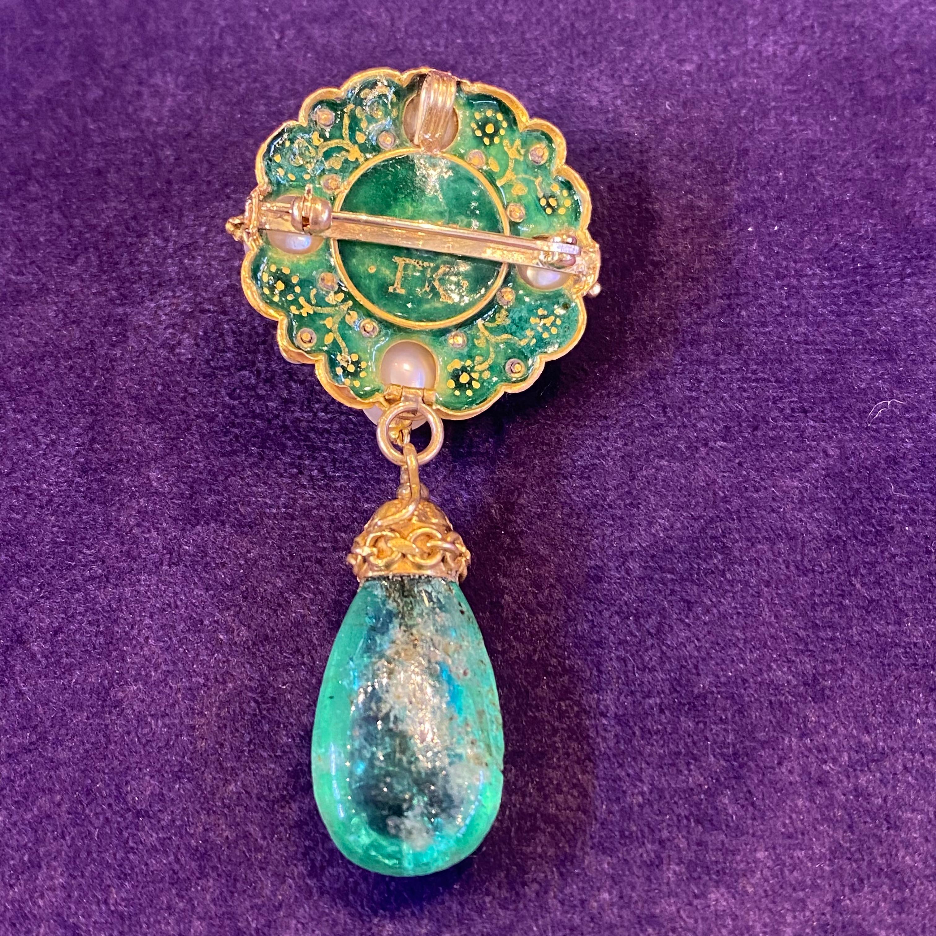 Antique Emerald Pearl and Enamel Brooch  In Excellent Condition For Sale In New York, NY