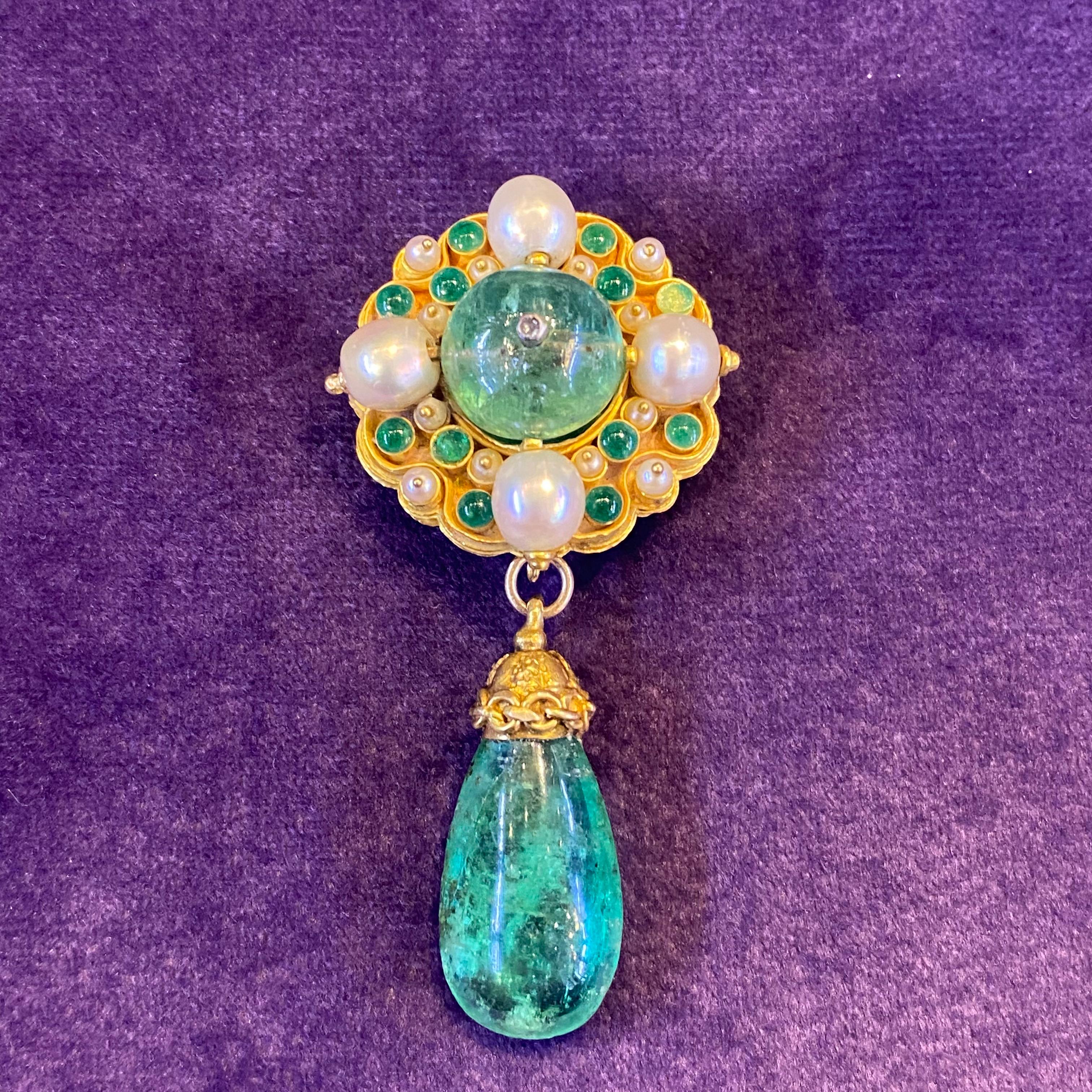 Arts and Crafts Antique Emerald Pearl and Enamel Brooch  For Sale