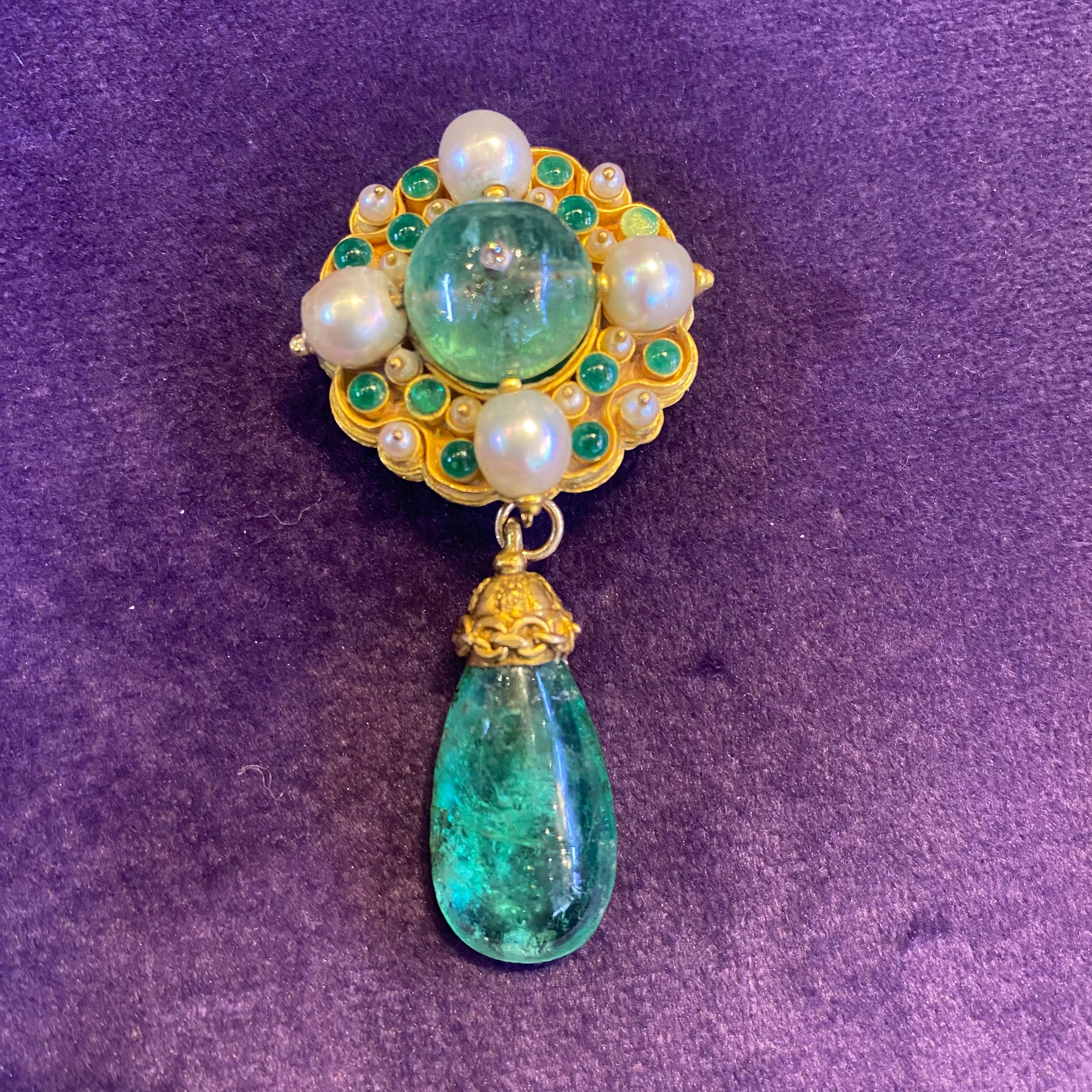 Bead Antique Emerald Pearl and Enamel Brooch  For Sale