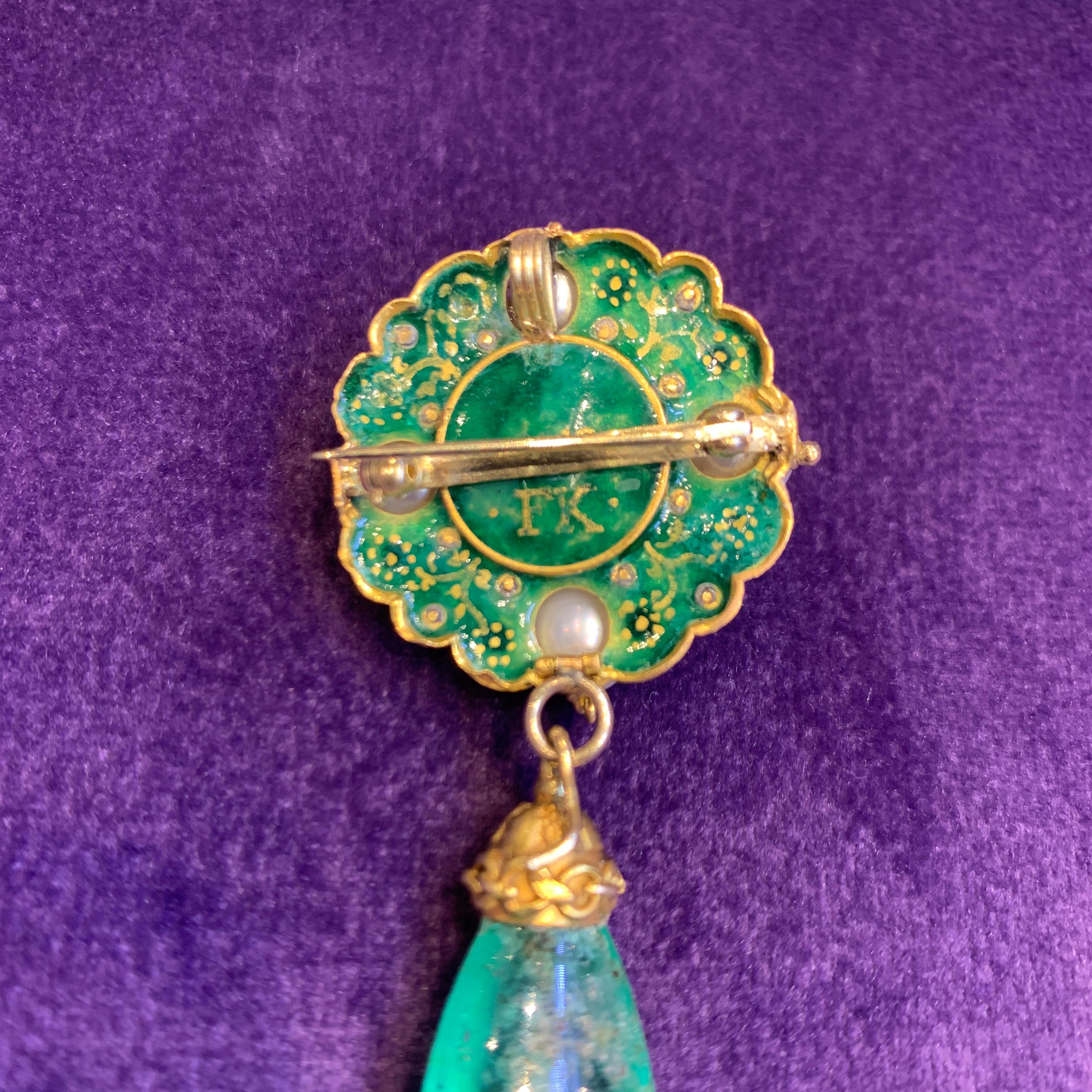 Women's Antique Emerald Pearl and Enamel Brooch  For Sale