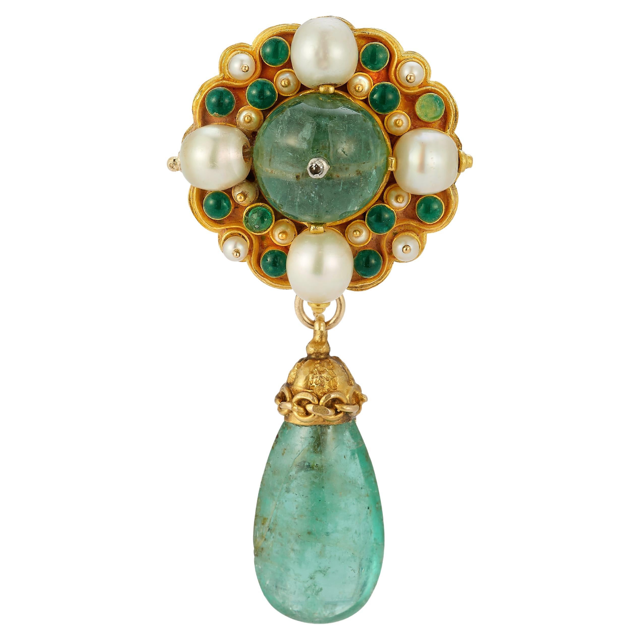 Antique 8.25 Carat Emerald Pearl and Diamonds Brooch For Sale at