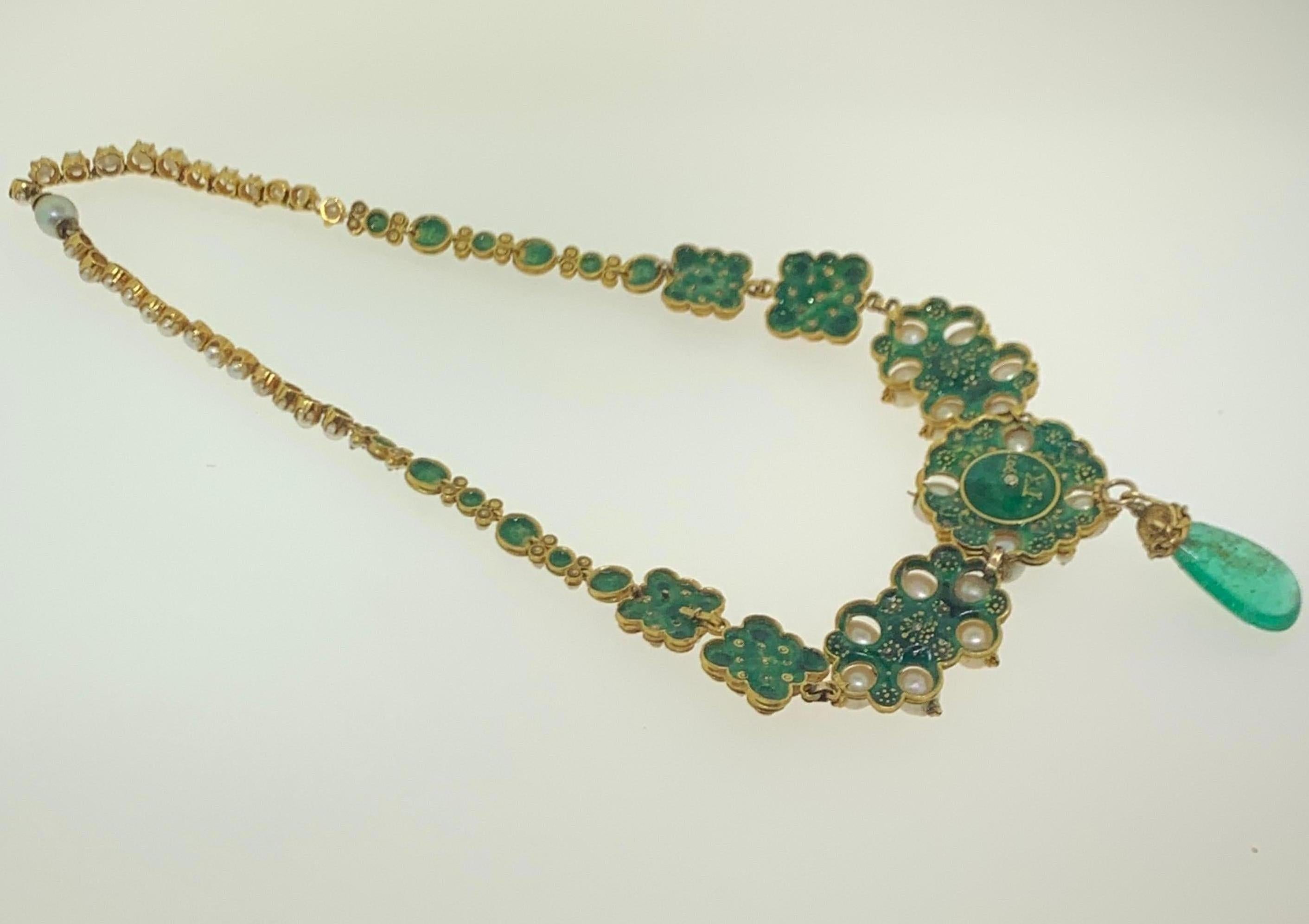 Antique Emerald Pearl and Enamel Necklace 1