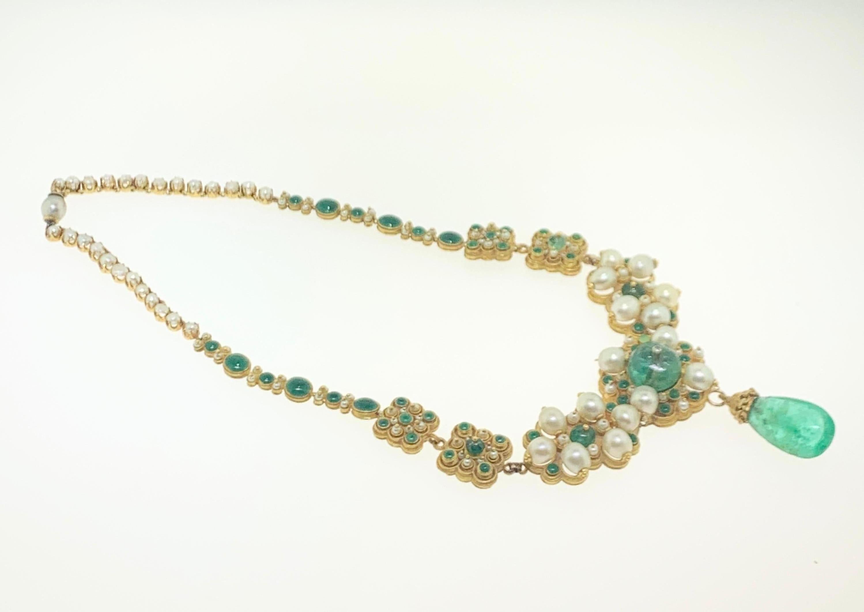 Antique Emerald Pearl and Enamel Necklace In Excellent Condition In New York, NY