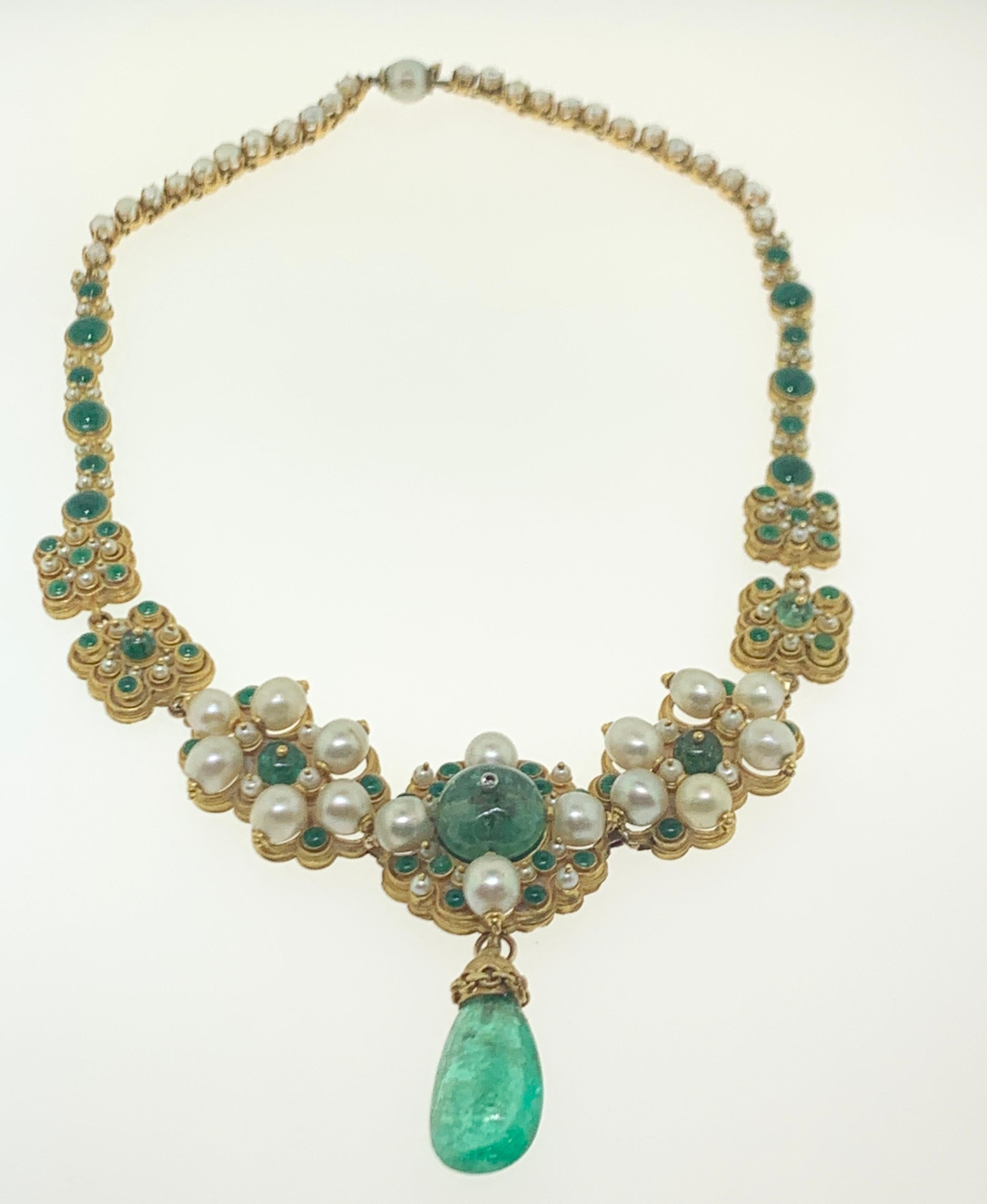 Women's Antique Emerald Pearl and Enamel Necklace