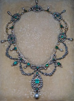 Antique Emerald Pearl Diamond Garland Style Necklace