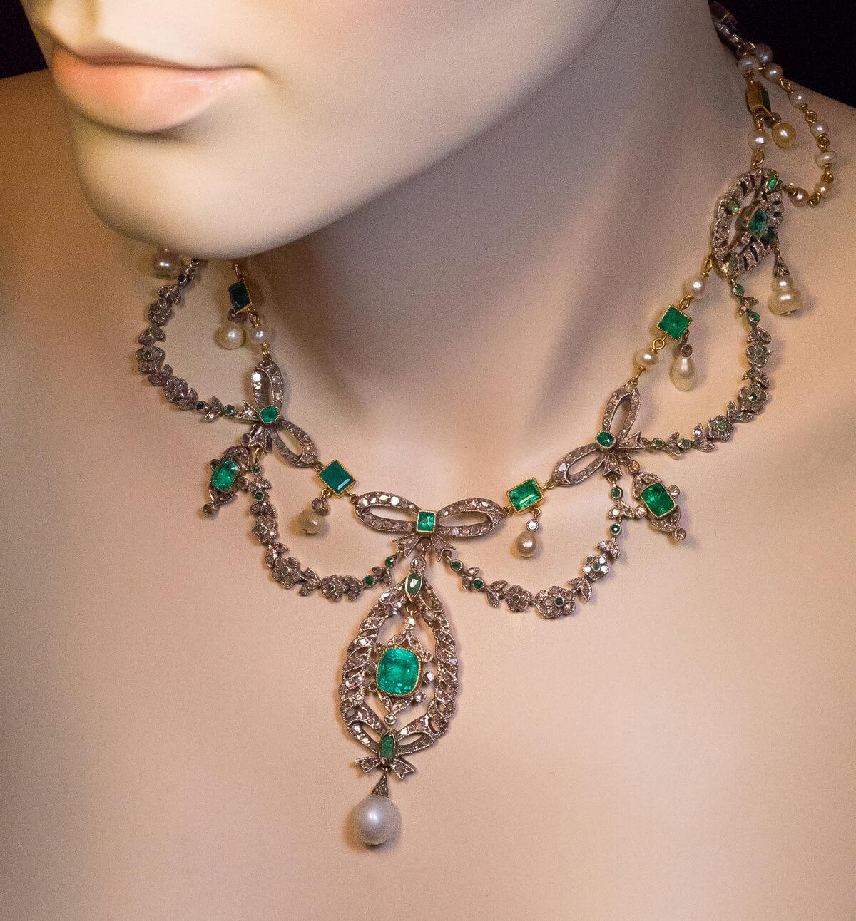Old Mine Cut Antique Emerald Pearl Diamond Garland Style Necklace