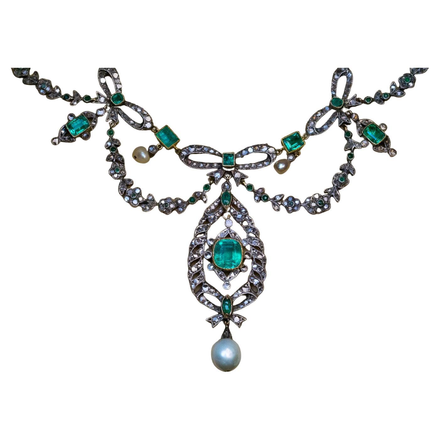 Antique Emerald Pearl Diamond Garland Style Necklace