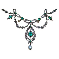 Antique Emerald Pearl Diamond Garland Style Necklace