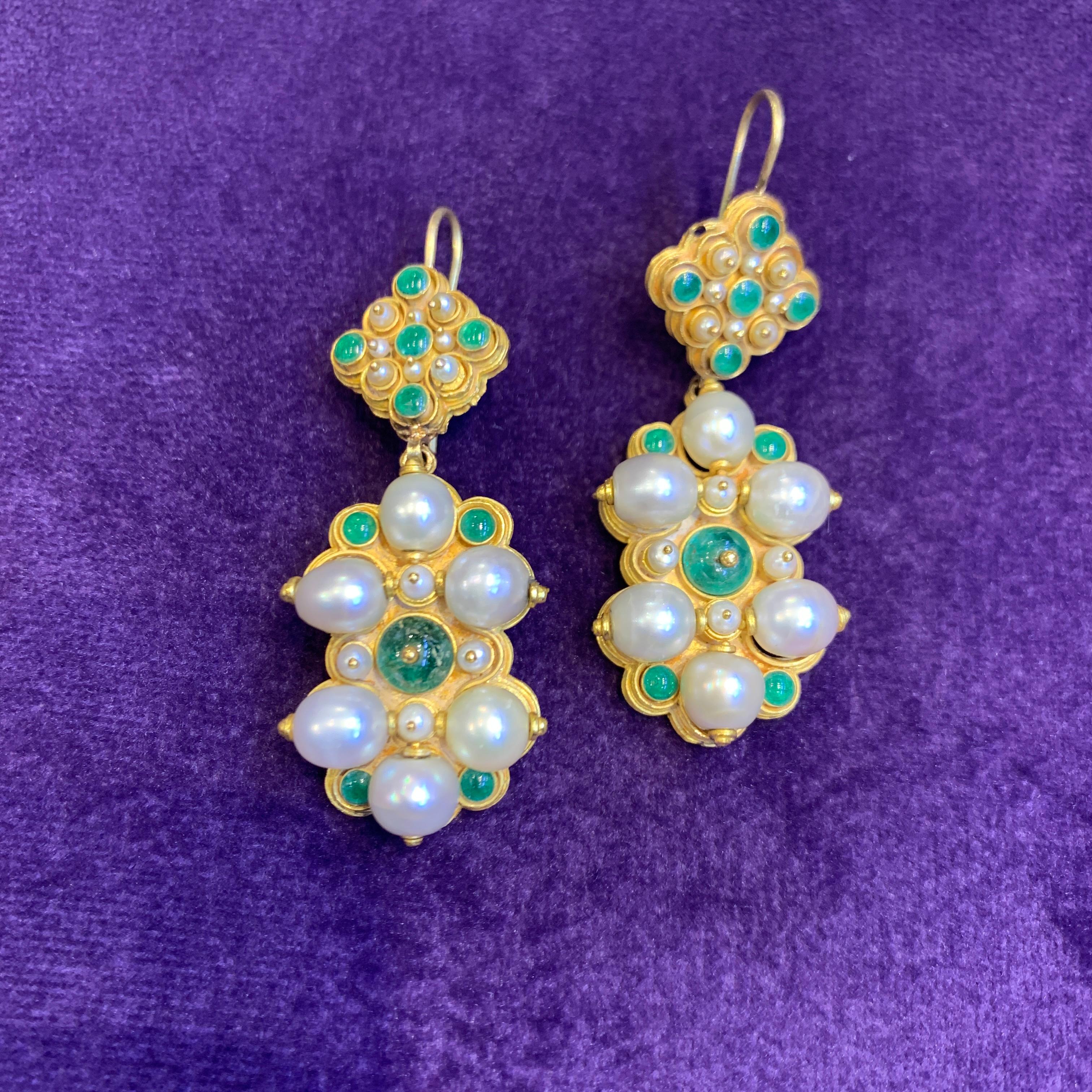 Cabochon Antique Emerald Pearl & Enamel Earrings For Sale