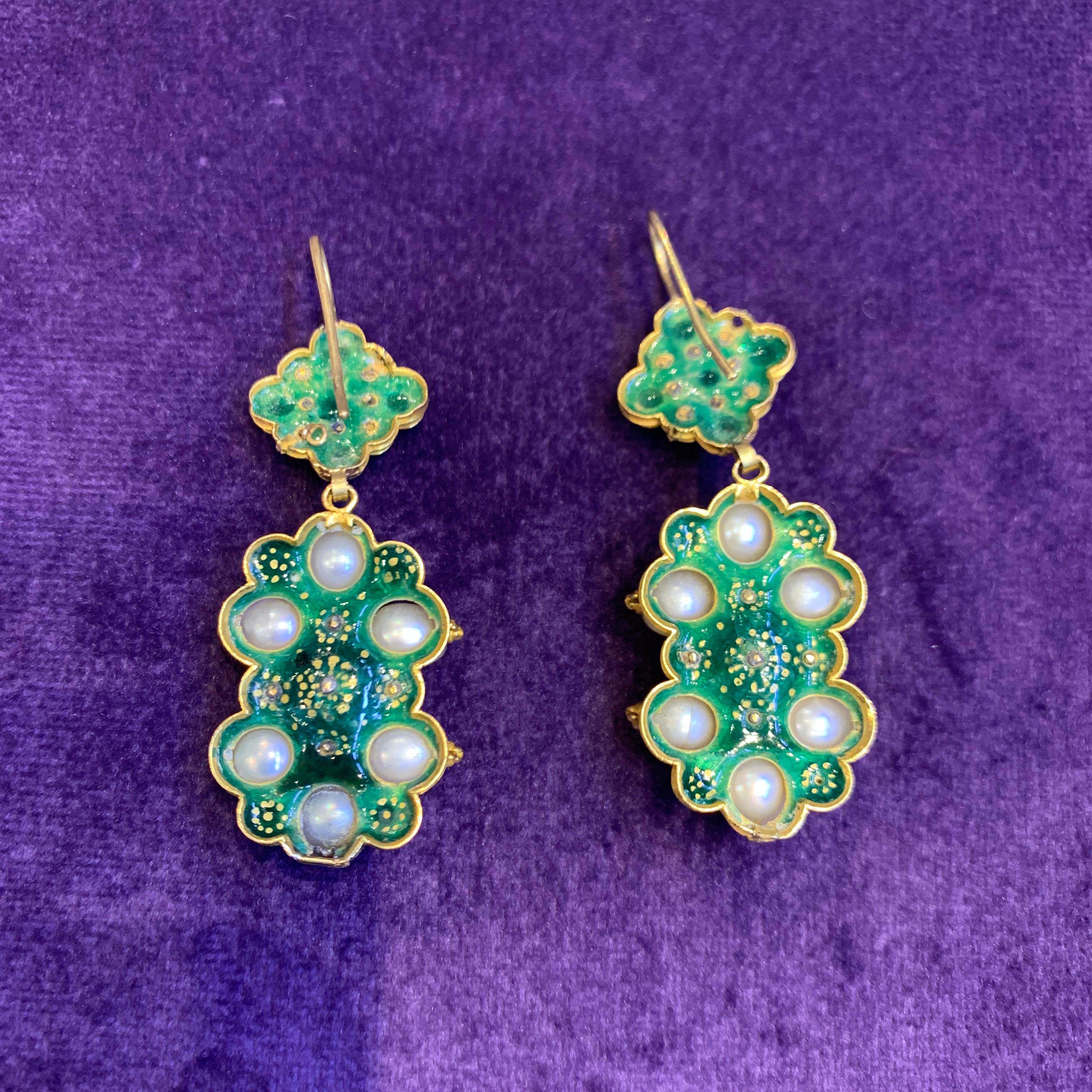 Women's Antique Emerald Pearl & Enamel Earrings For Sale
