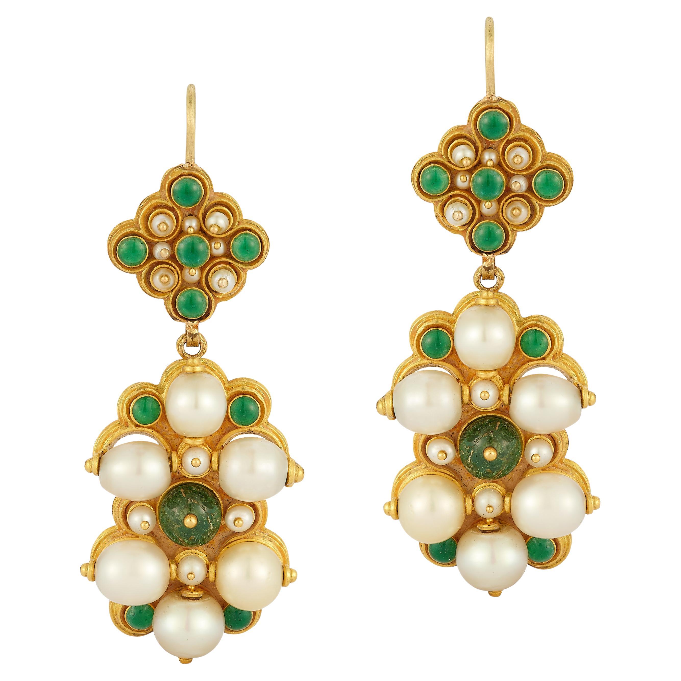 Antique Emerald Pearl & Enamel Earrings For Sale