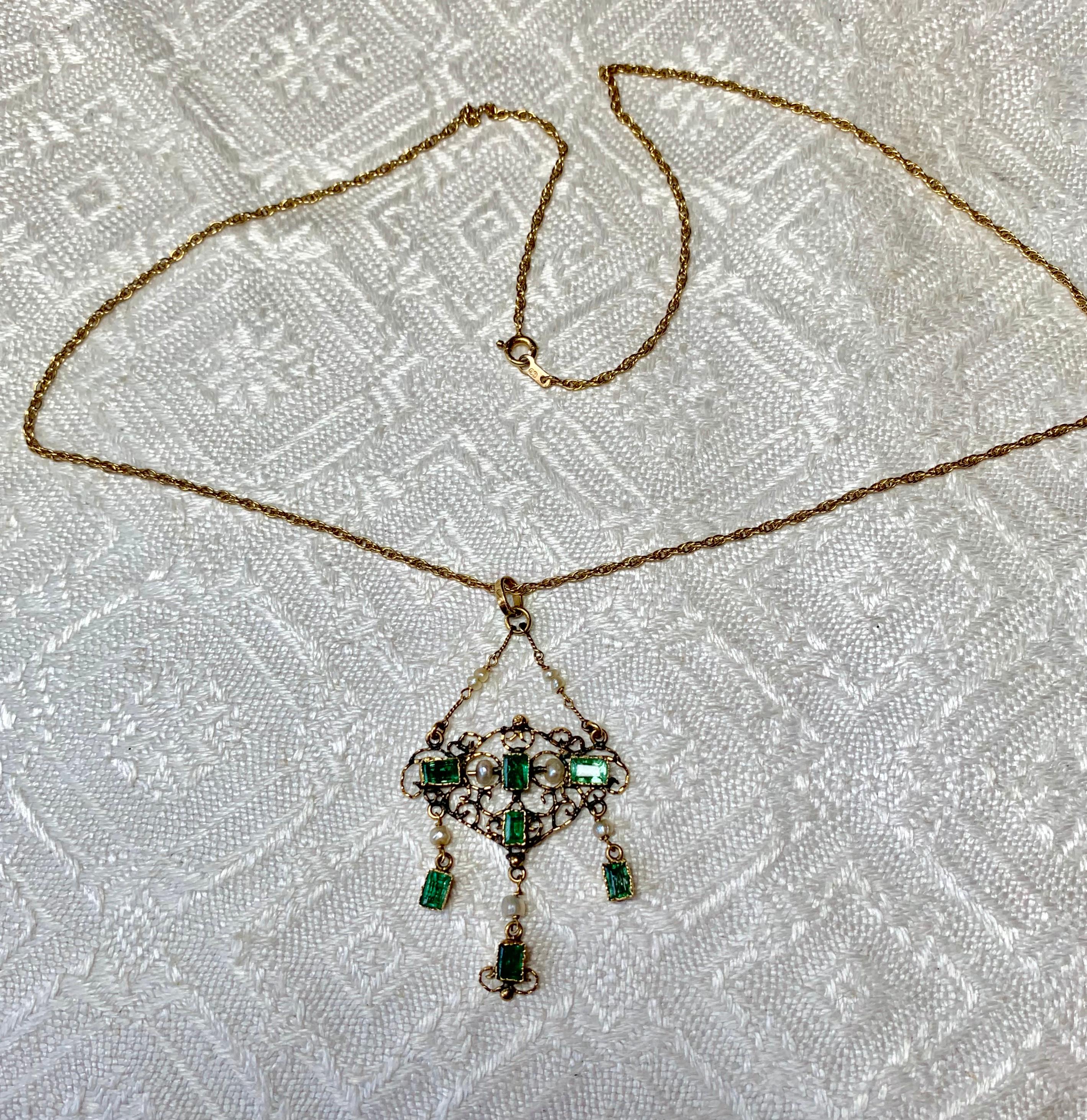 Emerald Cut Antique Emerald Pearl Pendant Necklace 14 Karat Gold Renaissance Revival For Sale