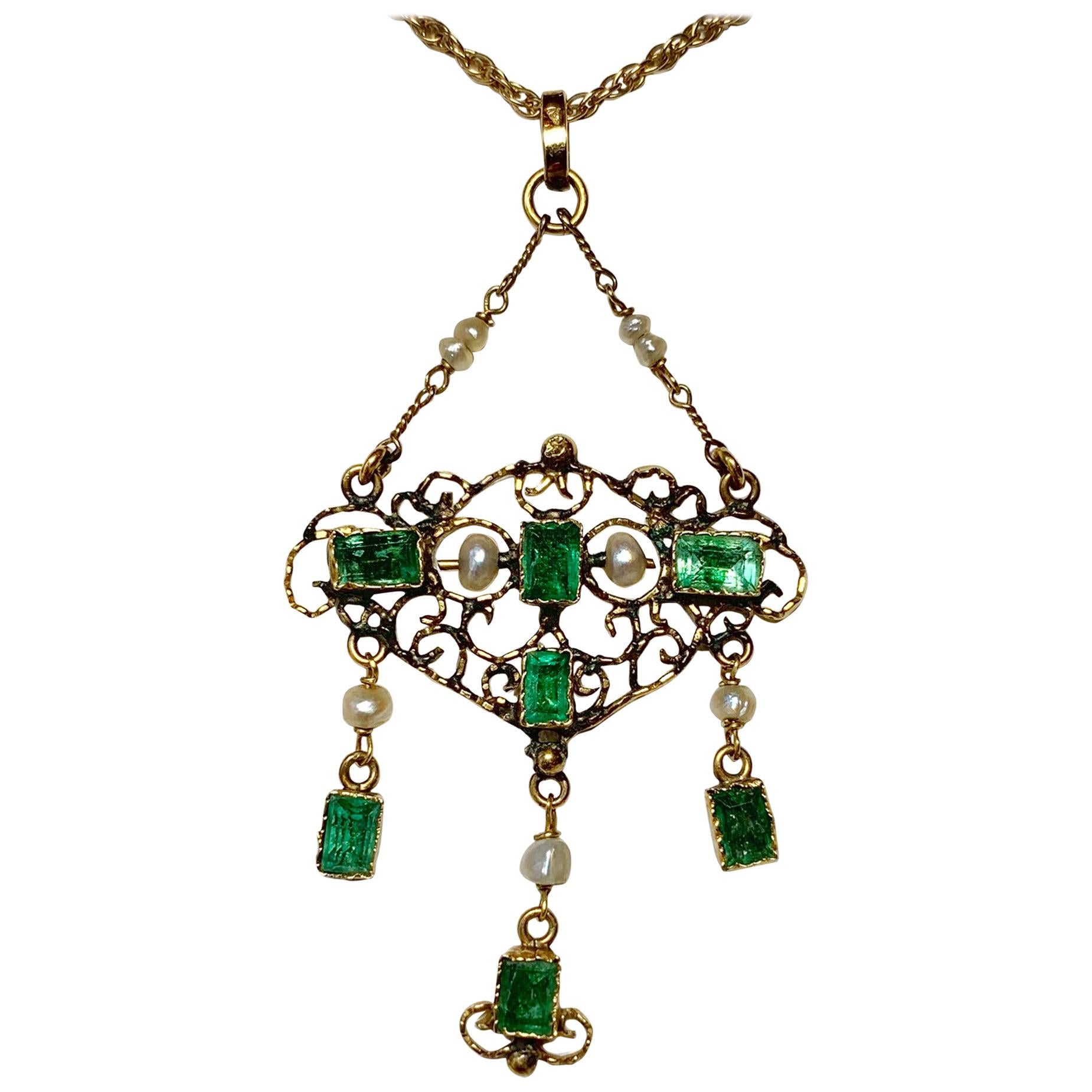 Antique Emerald Pearl Pendant Necklace 14 Karat Gold