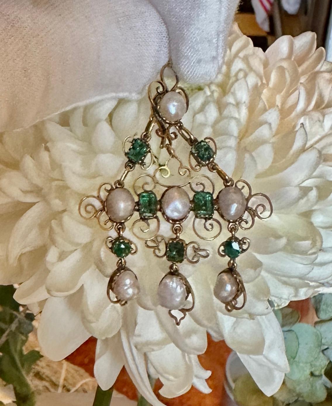 Emerald Cut Antique Emerald Pearl Pendant Necklace Renaissance Revival Gold 19th Century For Sale