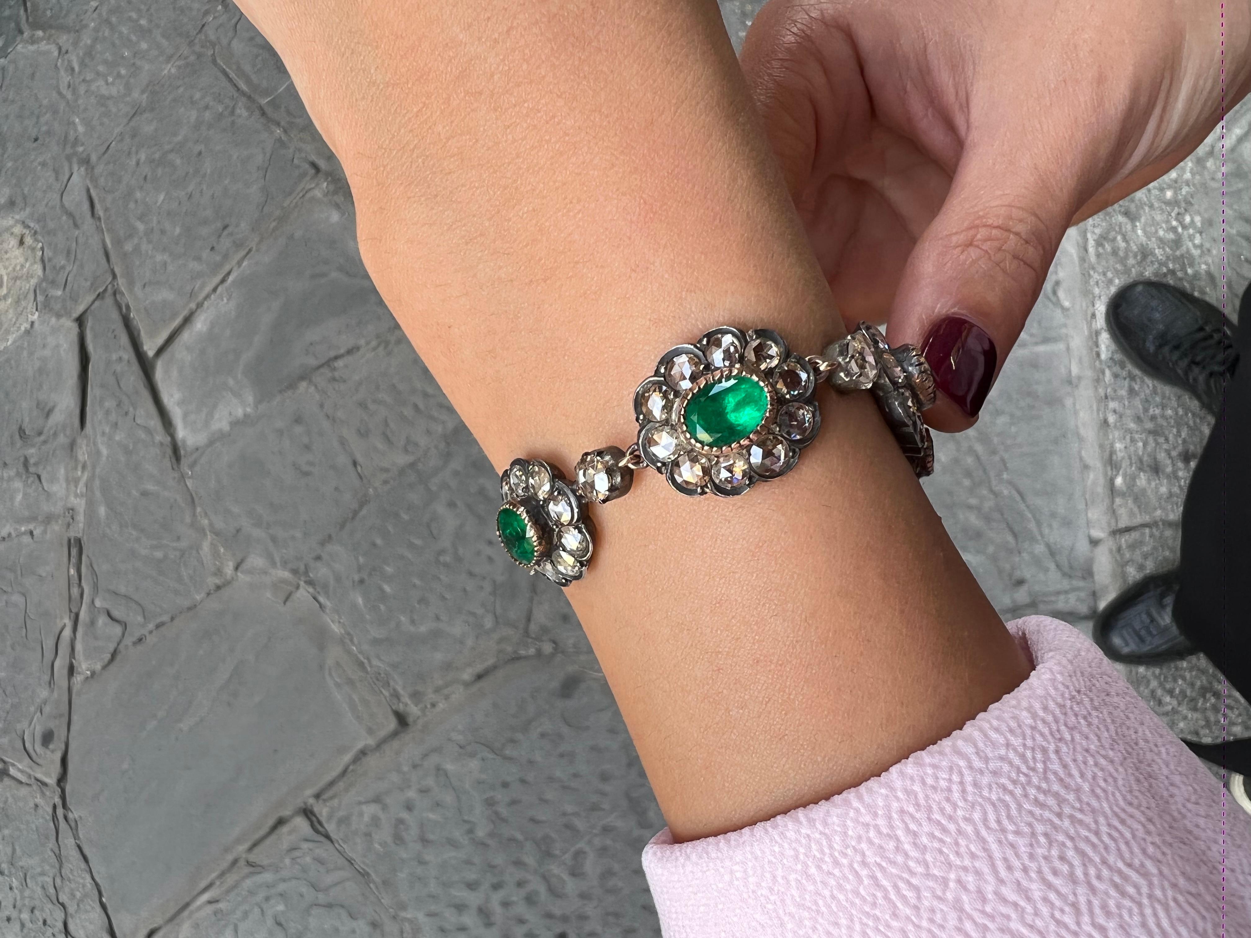 Art Deco Antique Emerald Rose Cut Diamond Bracelet and Ring For Sale