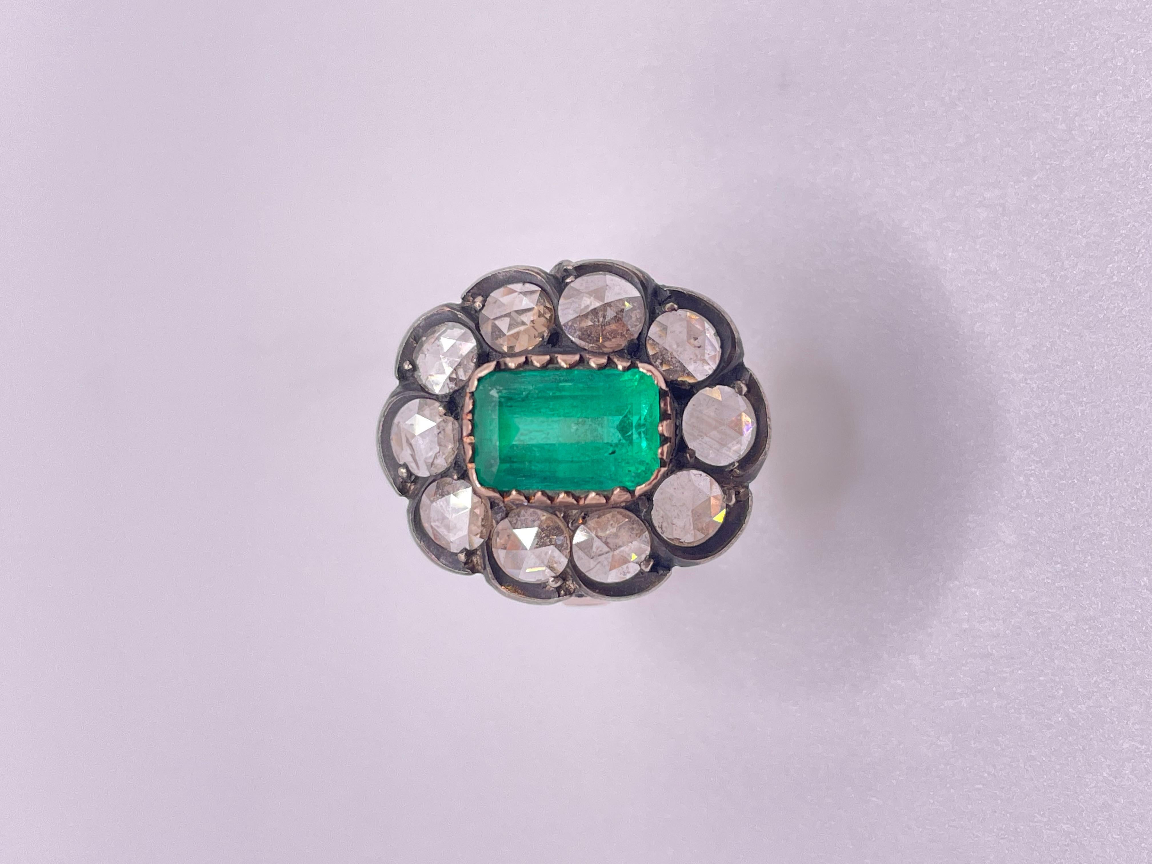 Antikes Armband und Ring mit Smaragd im Rosenschliff und Diamanten im Angebot 1