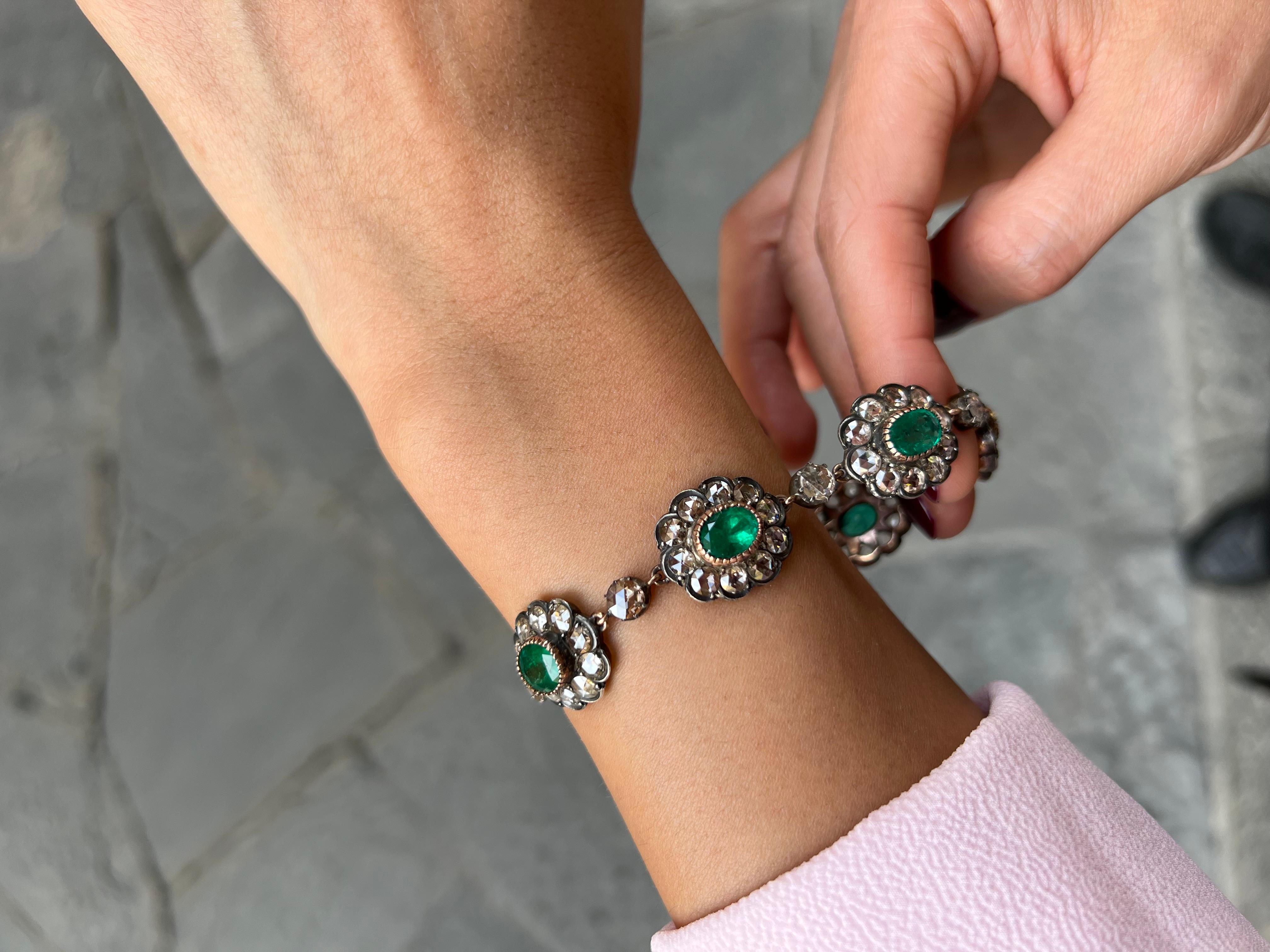 Antikes Armband und Ring mit Smaragd im Rosenschliff und Diamanten im Angebot 2