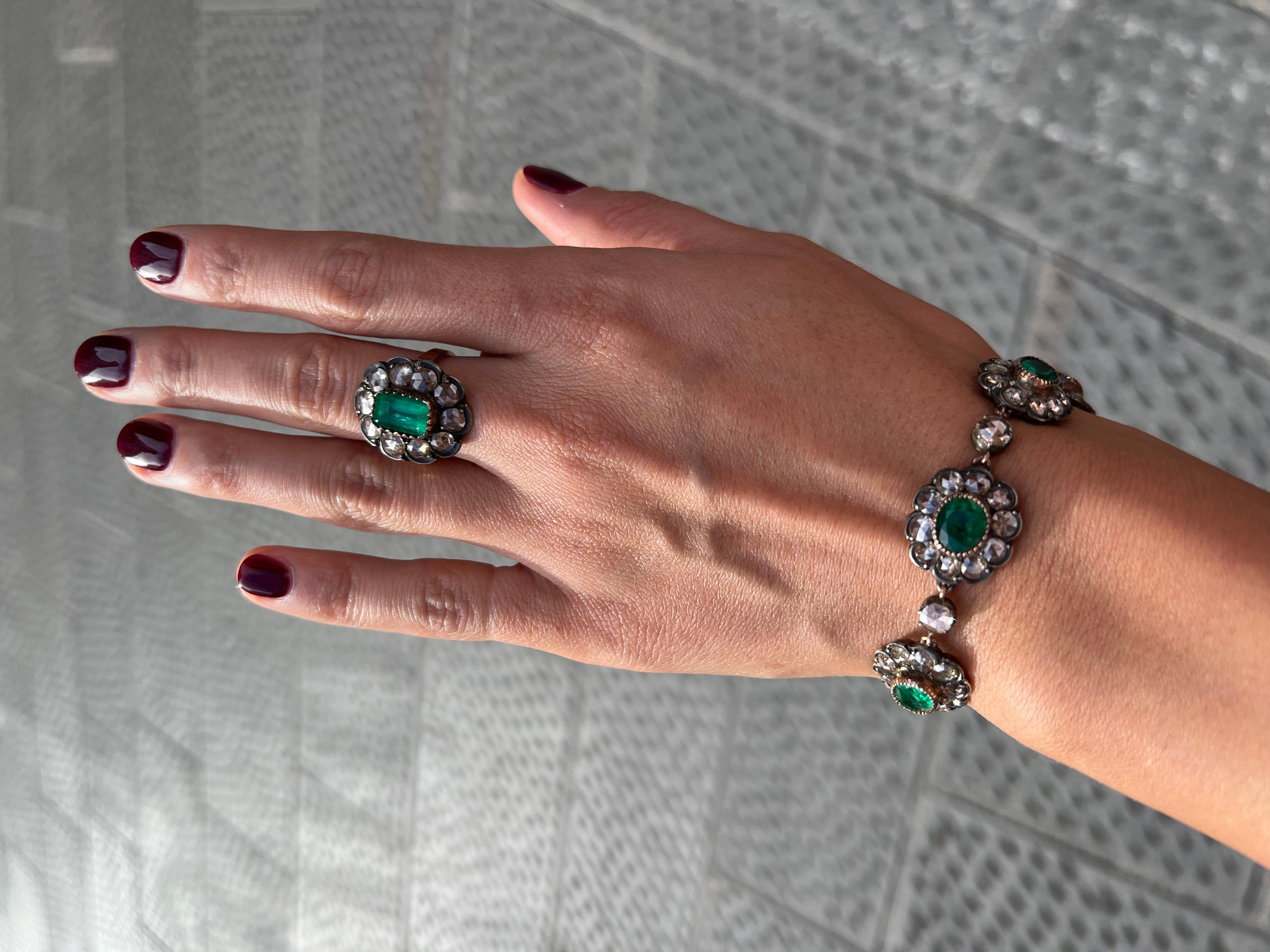Antikes Armband und Ring mit Smaragd im Rosenschliff und Diamanten im Angebot 3