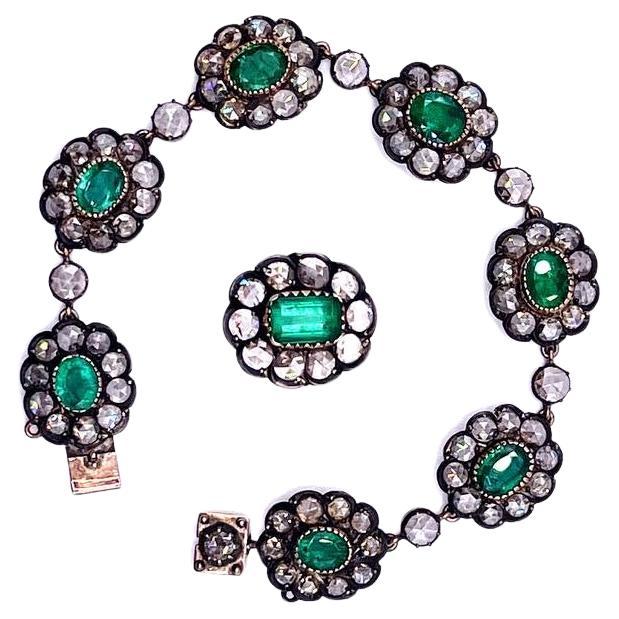 Antique Emerald Rose Cut Diamond Bracelet and Ring For Sale