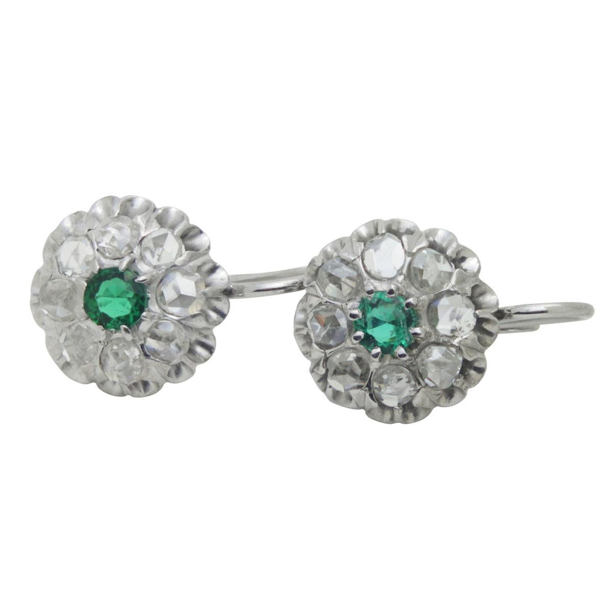 Antique Emerald & Rose Cut Diamond Cluster Earrings In Good Condition For Sale In QLD , AU