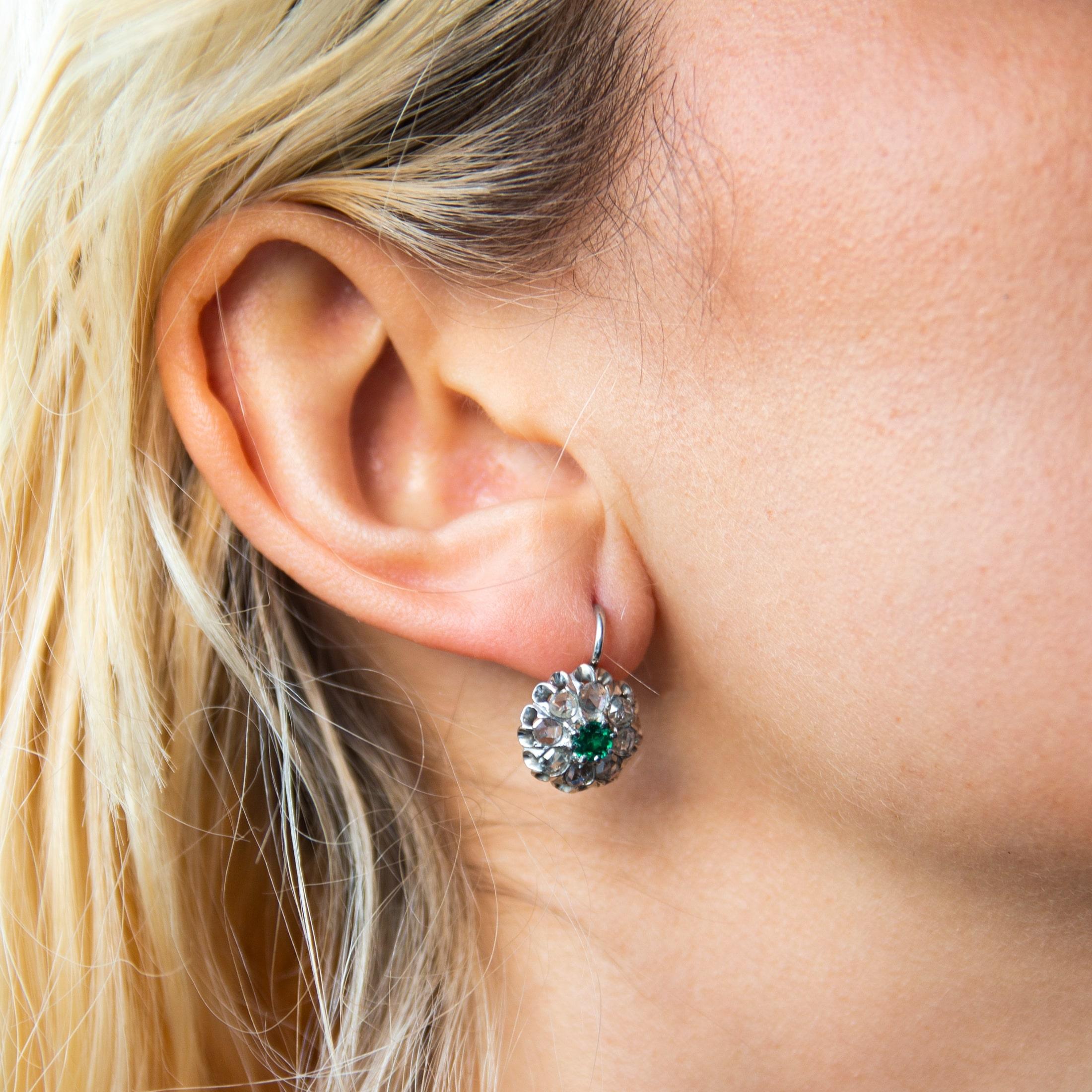 Antique Emerald & Rose Cut Diamond Cluster Earrings For Sale 2