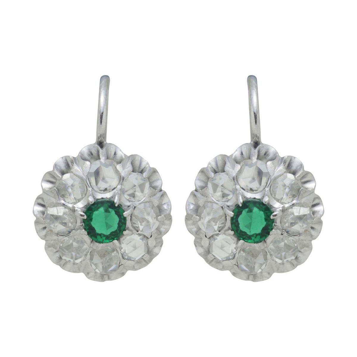 Antique Emerald & Rose Cut Diamond Cluster Earrings For Sale