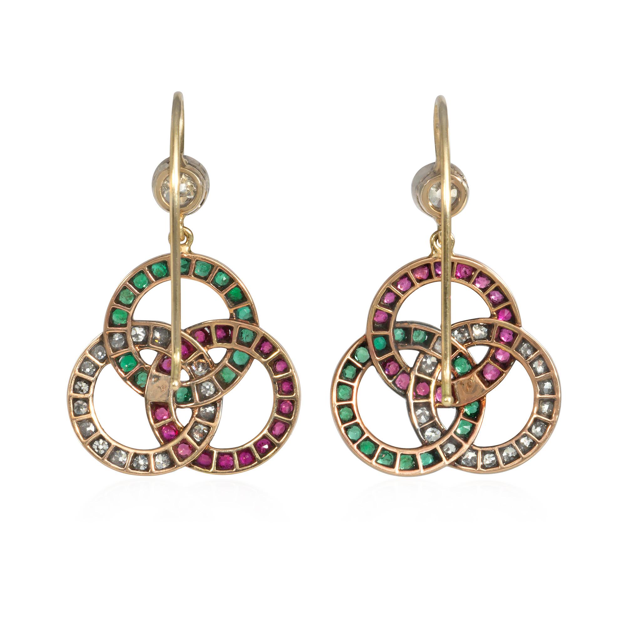 Late Victorian Antique Emerald, Ruby, and Diamond Pendant Earrings of Open Trefoil Design For Sale