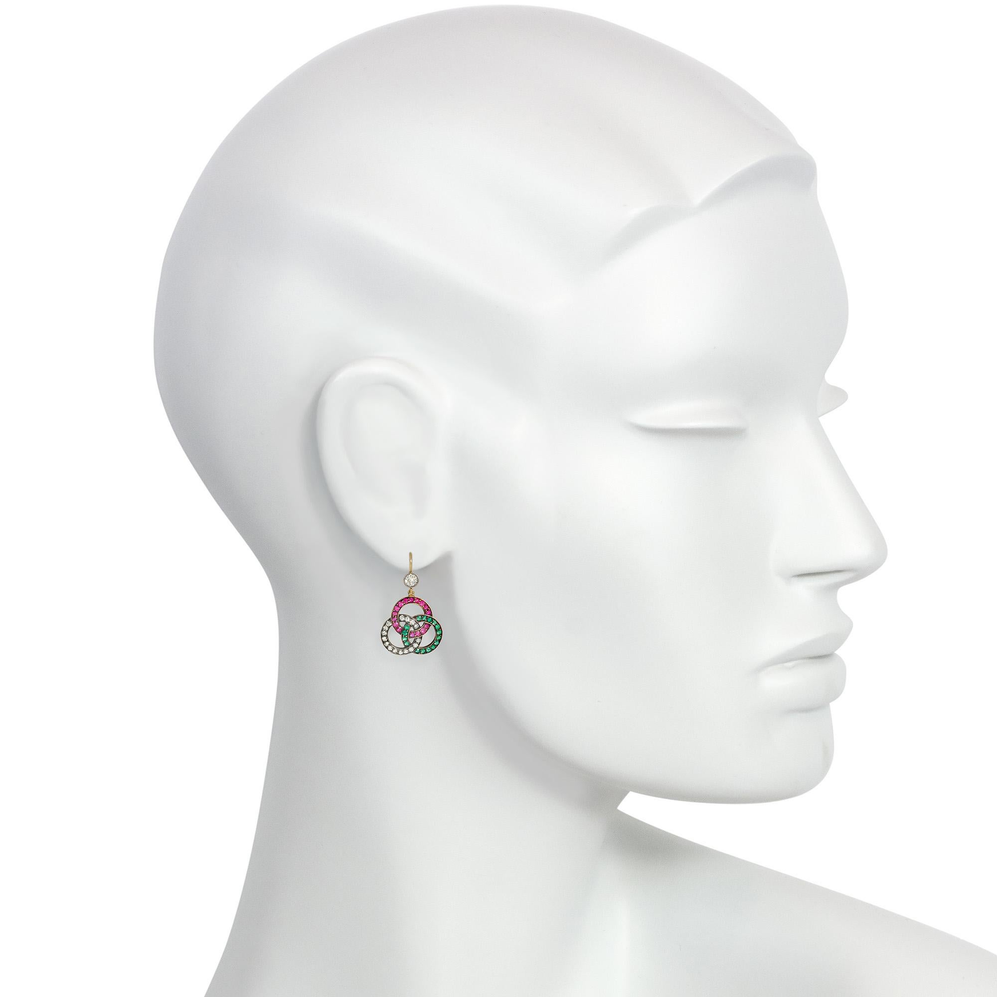 Old Mine Cut Antique Emerald, Ruby, and Diamond Pendant Earrings of Open Trefoil Design For Sale