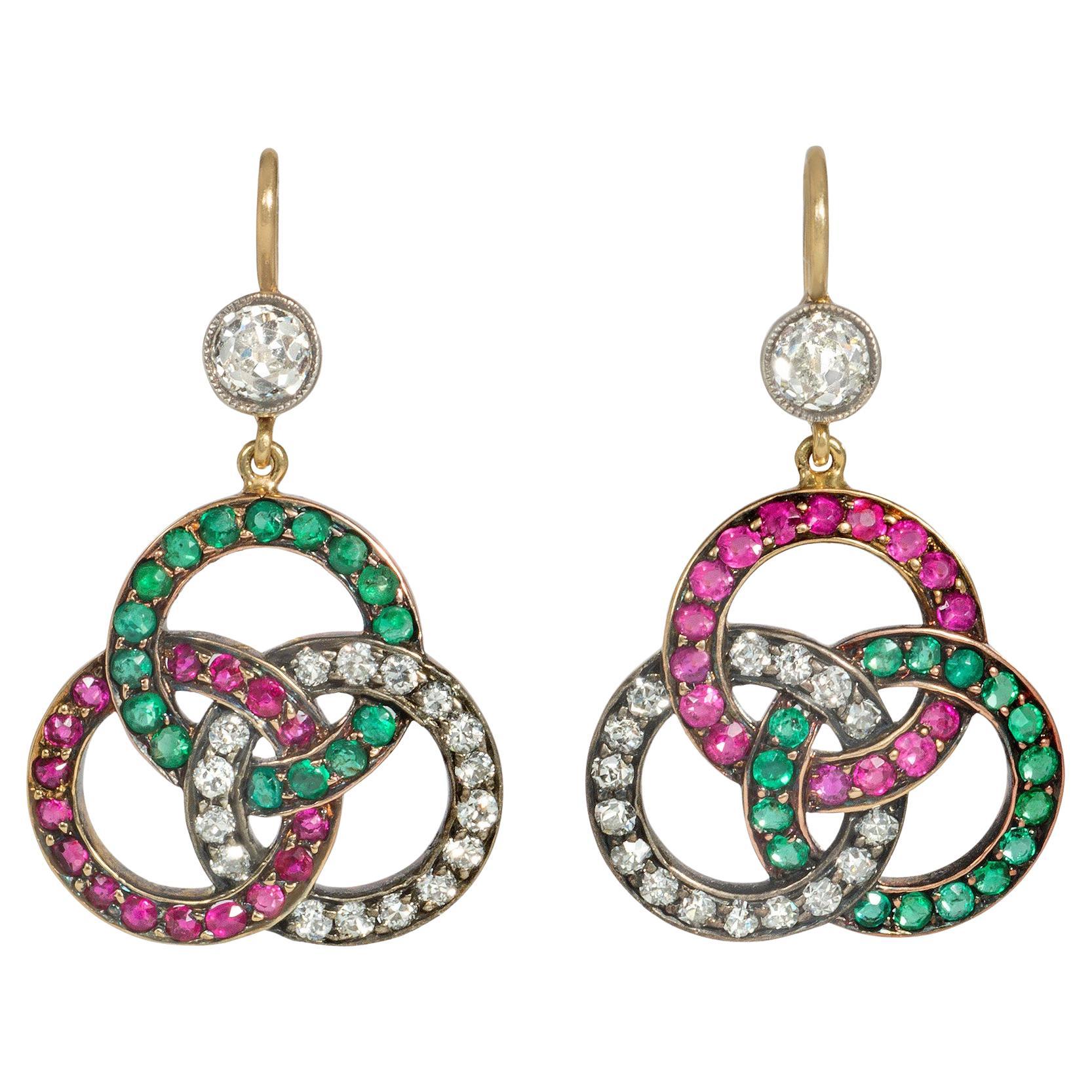 Antique Emerald, Ruby, and Diamond Pendant Earrings of Open Trefoil Design For Sale