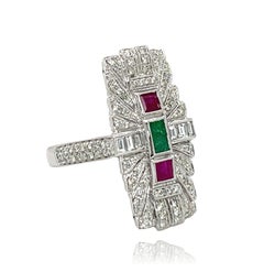 Antique Emerald, Ruby and Diamond Ring in 14k White Gold