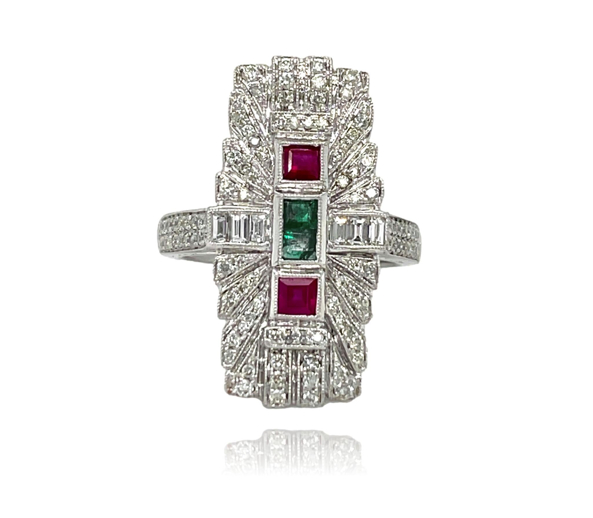Baguette Cut Antique Emerald, Ruby and Diamond Ring in 14k White Gold For Sale