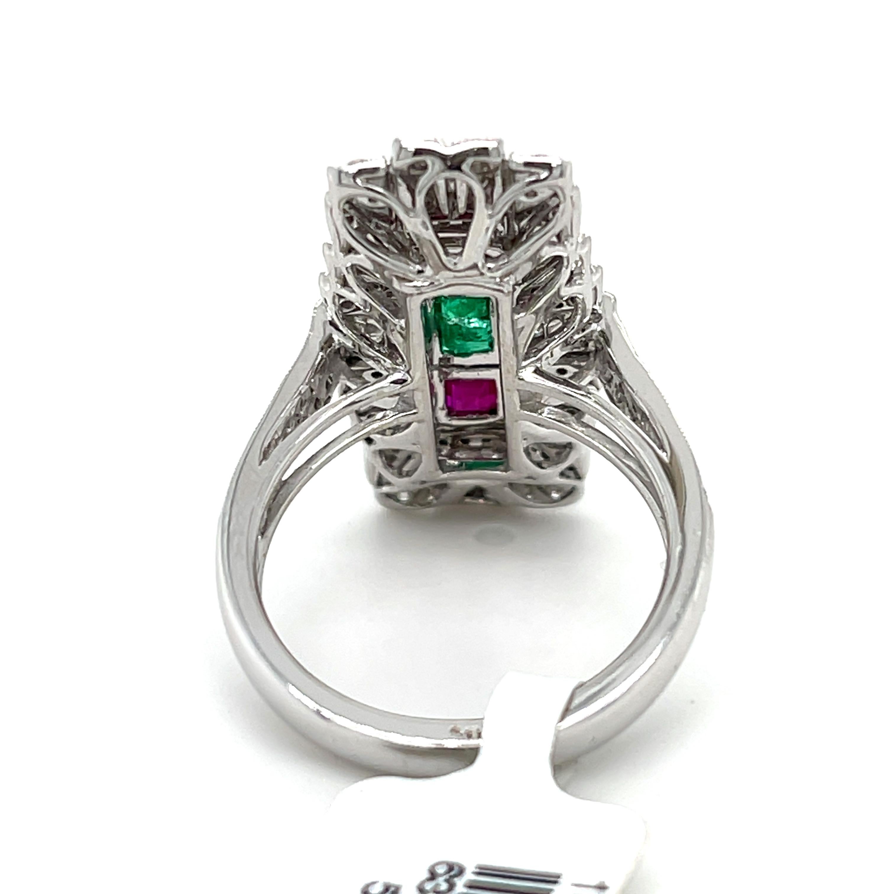 Women's Antique Emerald, Ruby and Diamond Ring in 14k White Gold For Sale