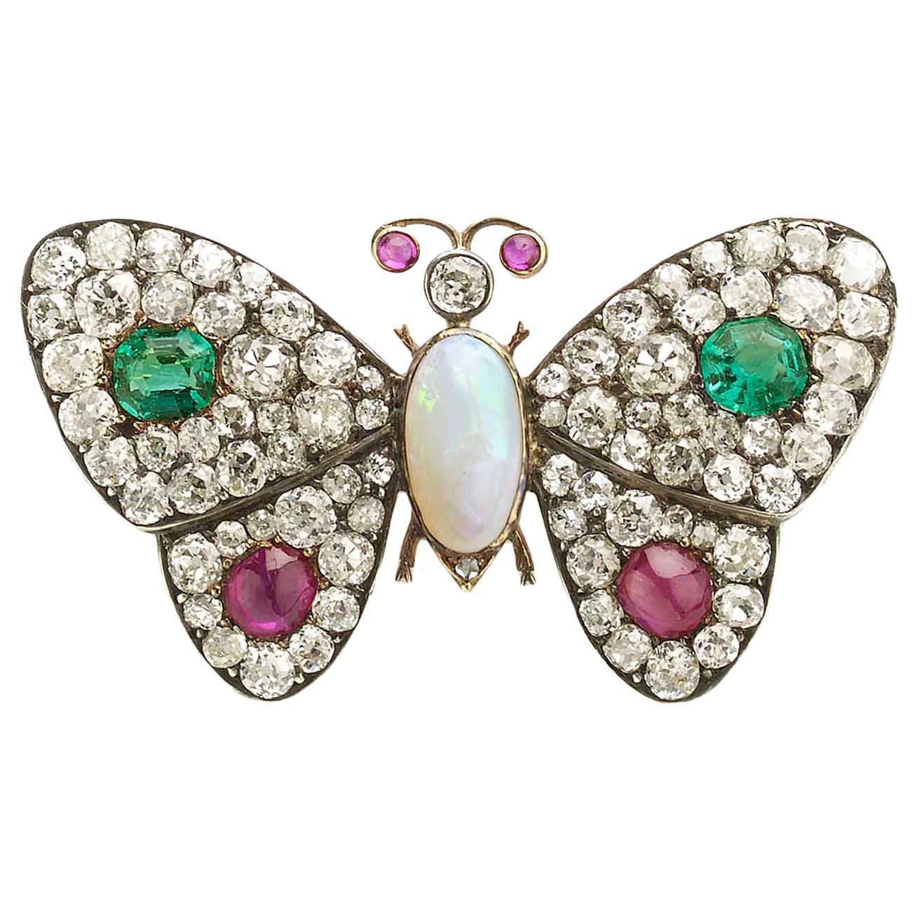 Antique Diamond, Emerald, Ruby, Silver And Gold Butterfly Brooch, Circa 1880