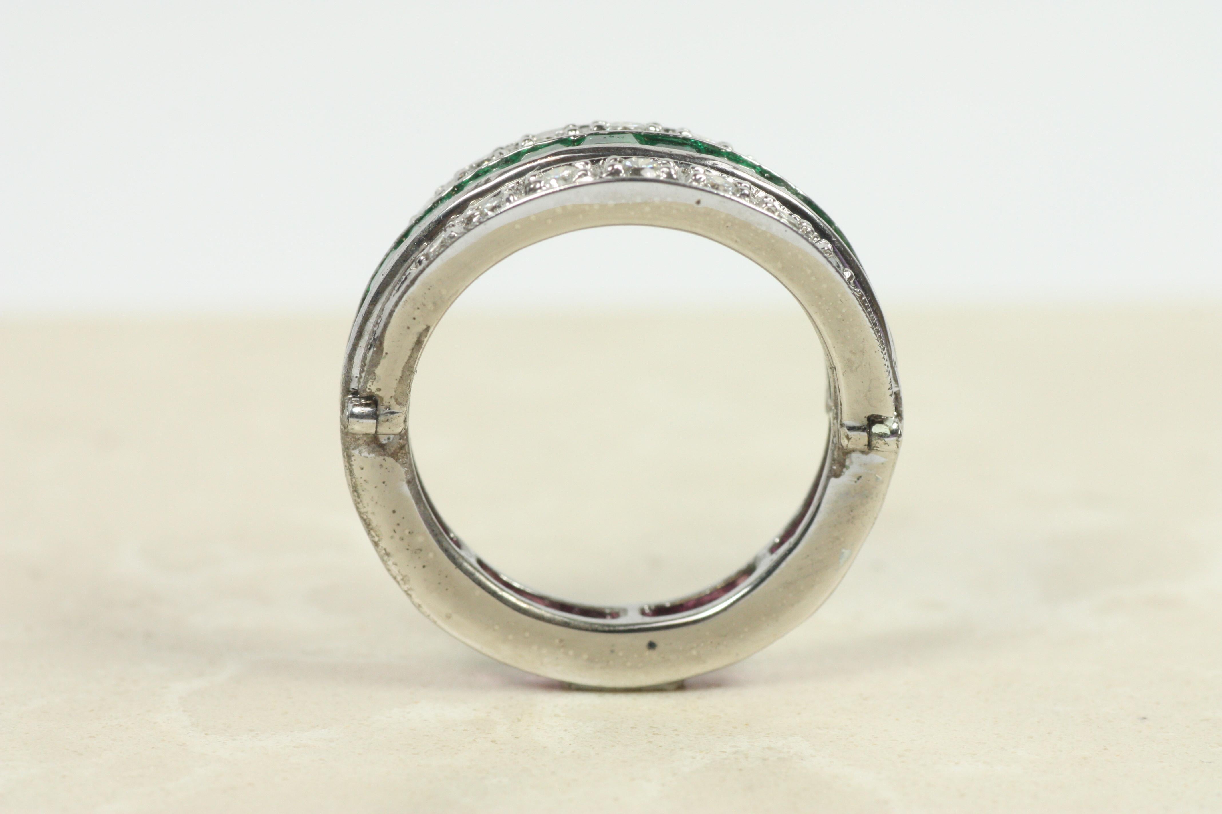 Antique Emerald Ruby Diamond Reversible Ring – 10K White Gold, c1930 For Sale 5