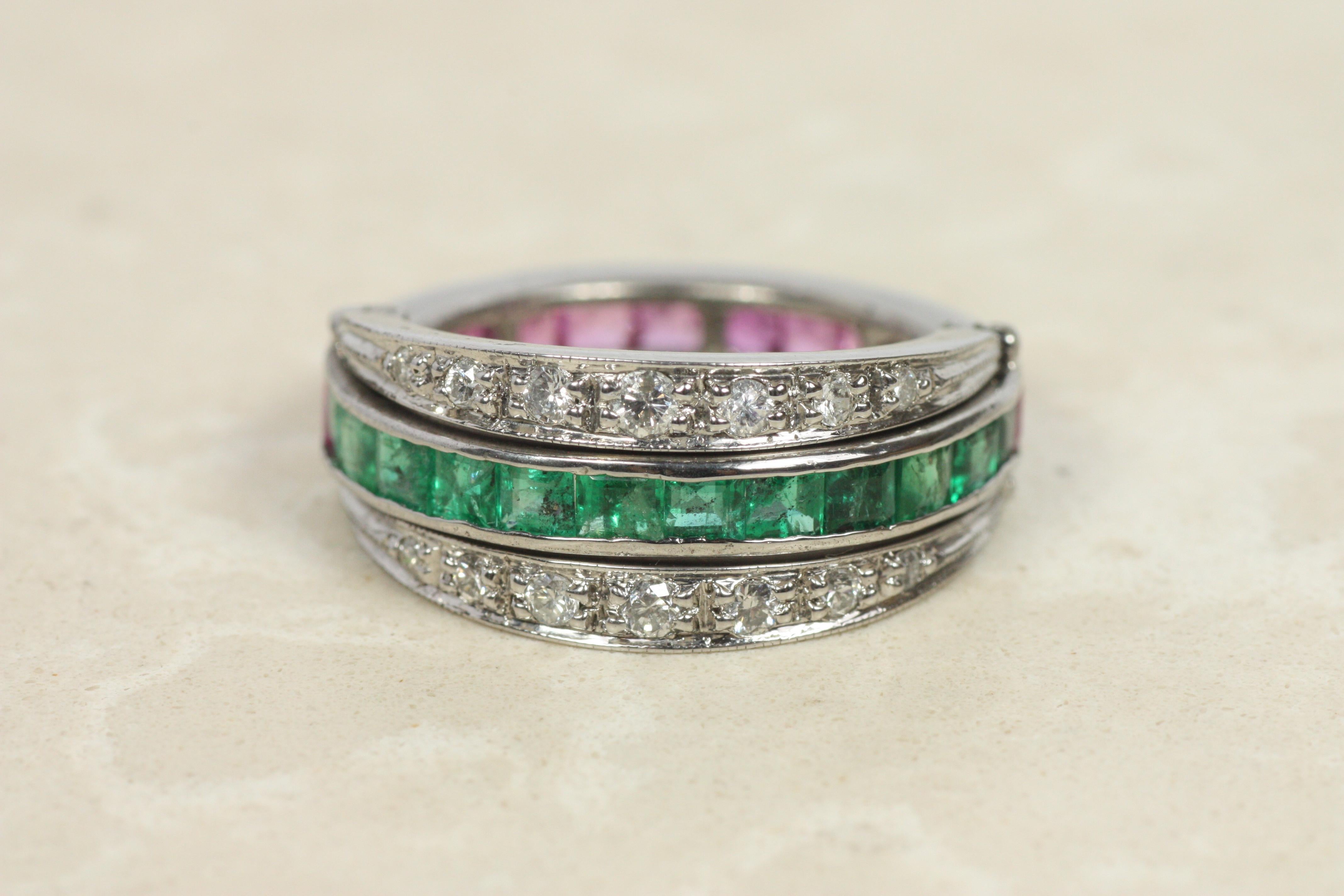 Antique Emerald Ruby Diamond Reversible Ring – 10K White Gold, c1930 For Sale 6