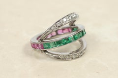 Antique Emerald Ruby Diamond Reversible Ring – 10K White Gold, c1930