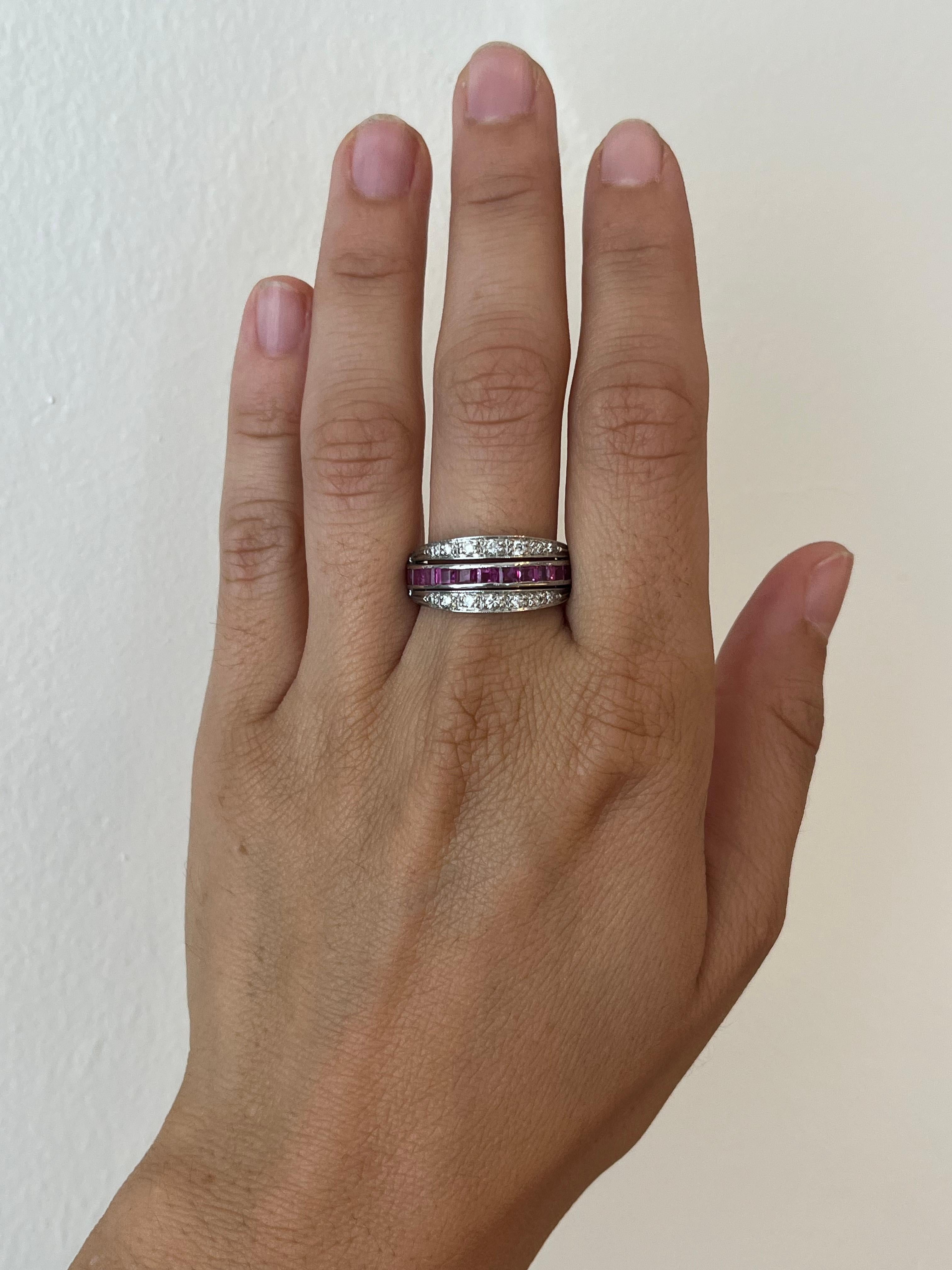 Square Cut Antique Emerald Ruby Diamond Reversible Ring – 10K White Gold, c1930 For Sale