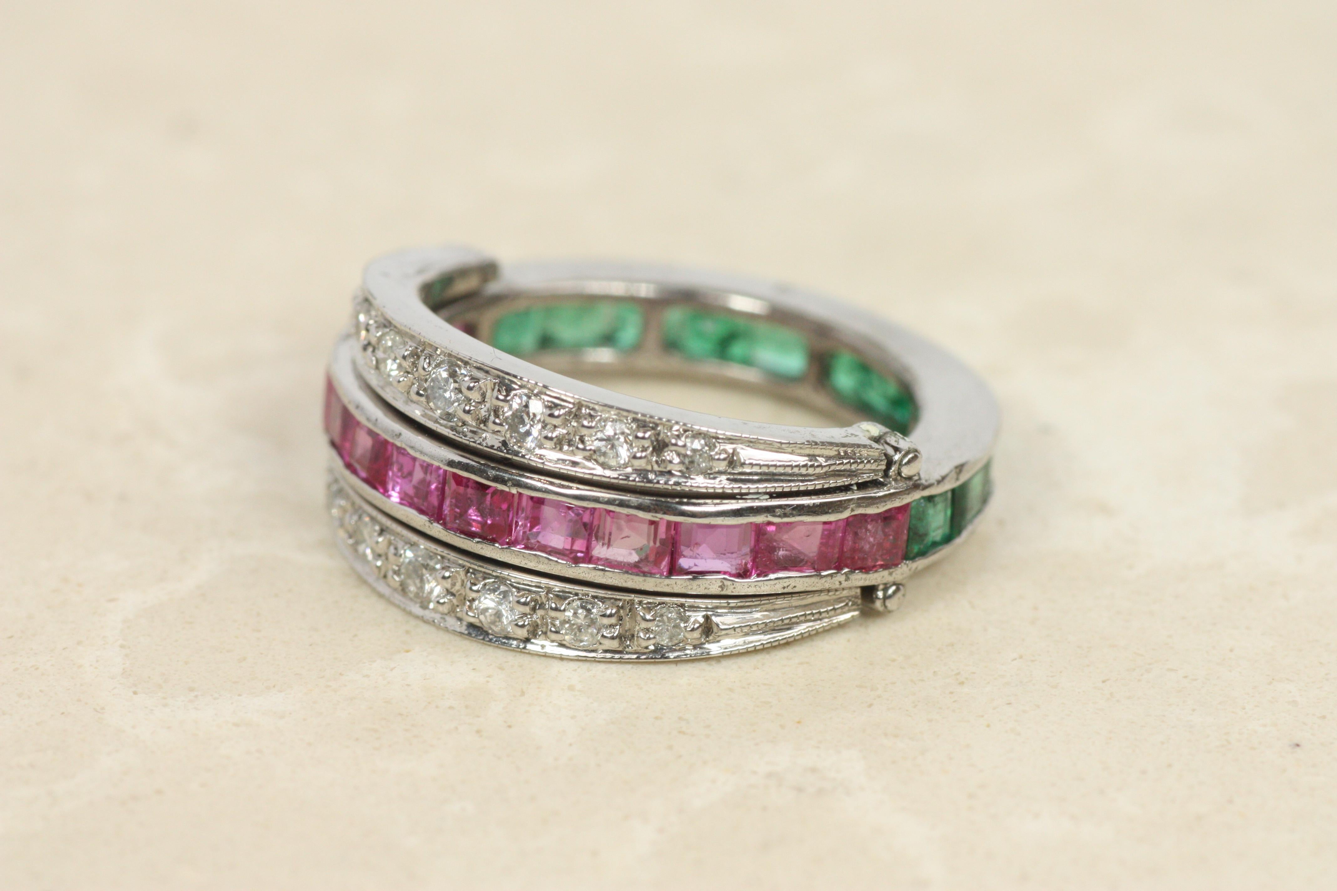 Women's Antique Emerald Ruby Diamond Reversible Ring – 10K White Gold, c1930 For Sale