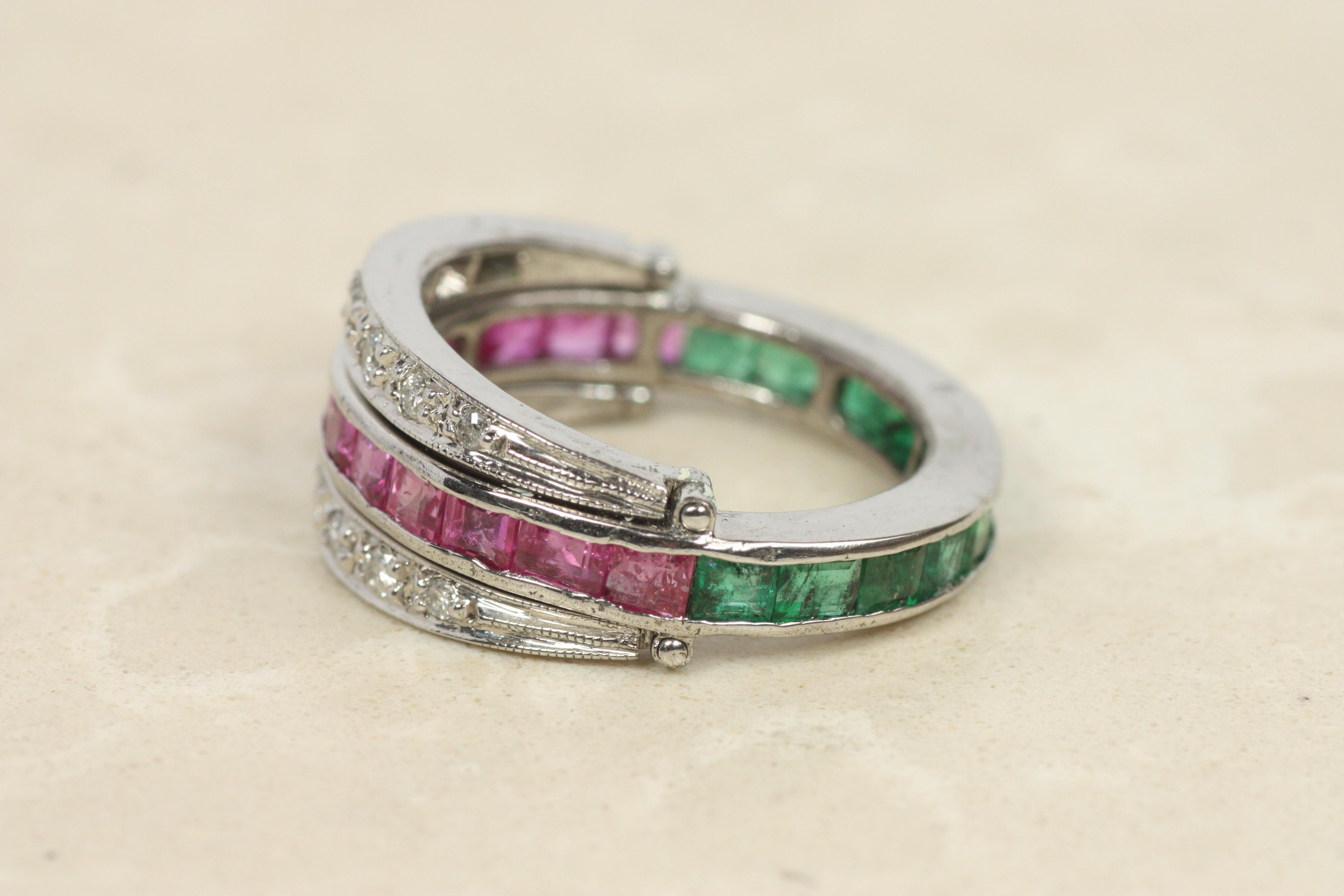 Antique Emerald Ruby Diamond Reversible Ring – 10K White Gold, c1930 For Sale 1
